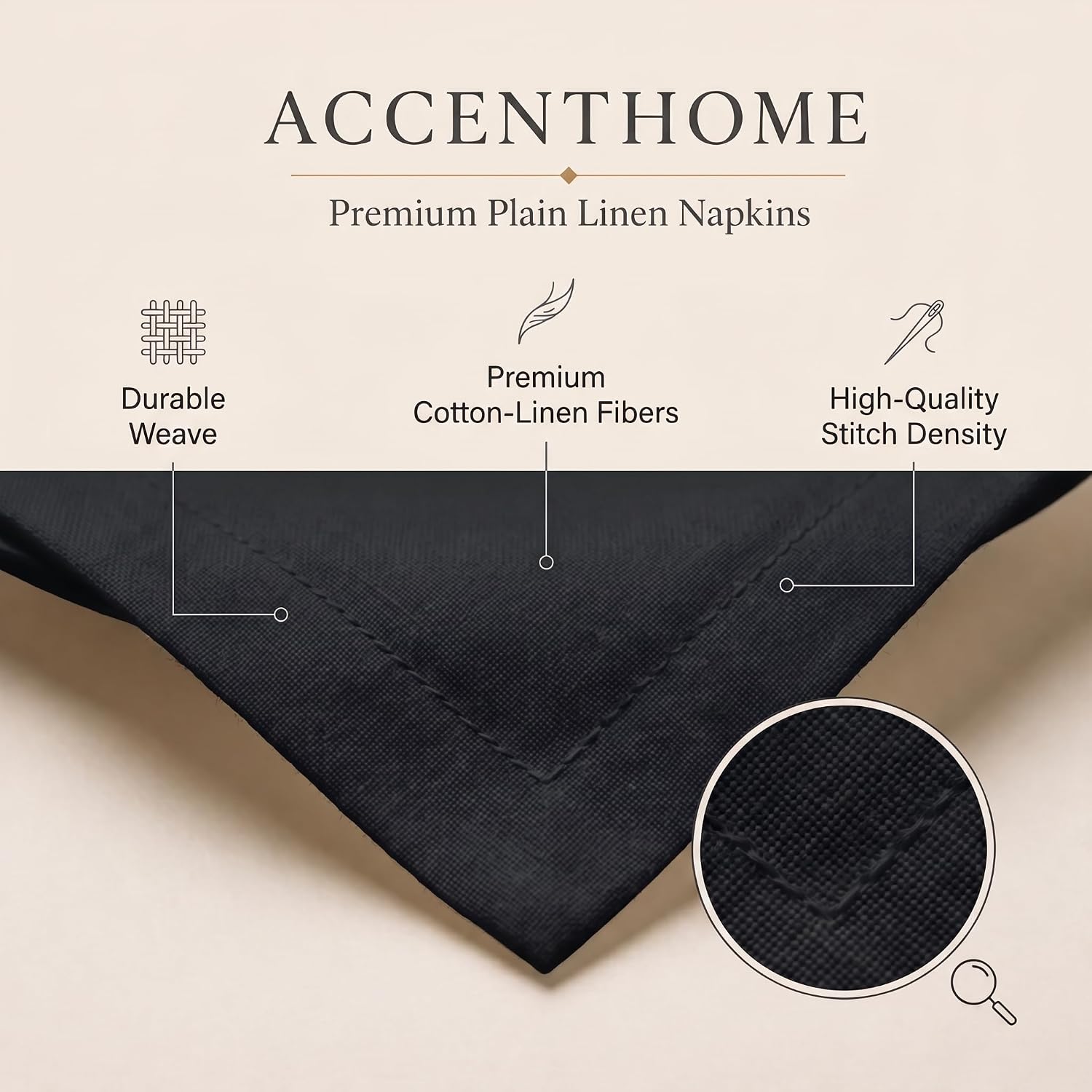 ACCENTHOME Black Cotton Linen Napkin Set of 12 18x18 inch Dinner Napkins | Cotton Linen Blend Napkins, Machine Wash On