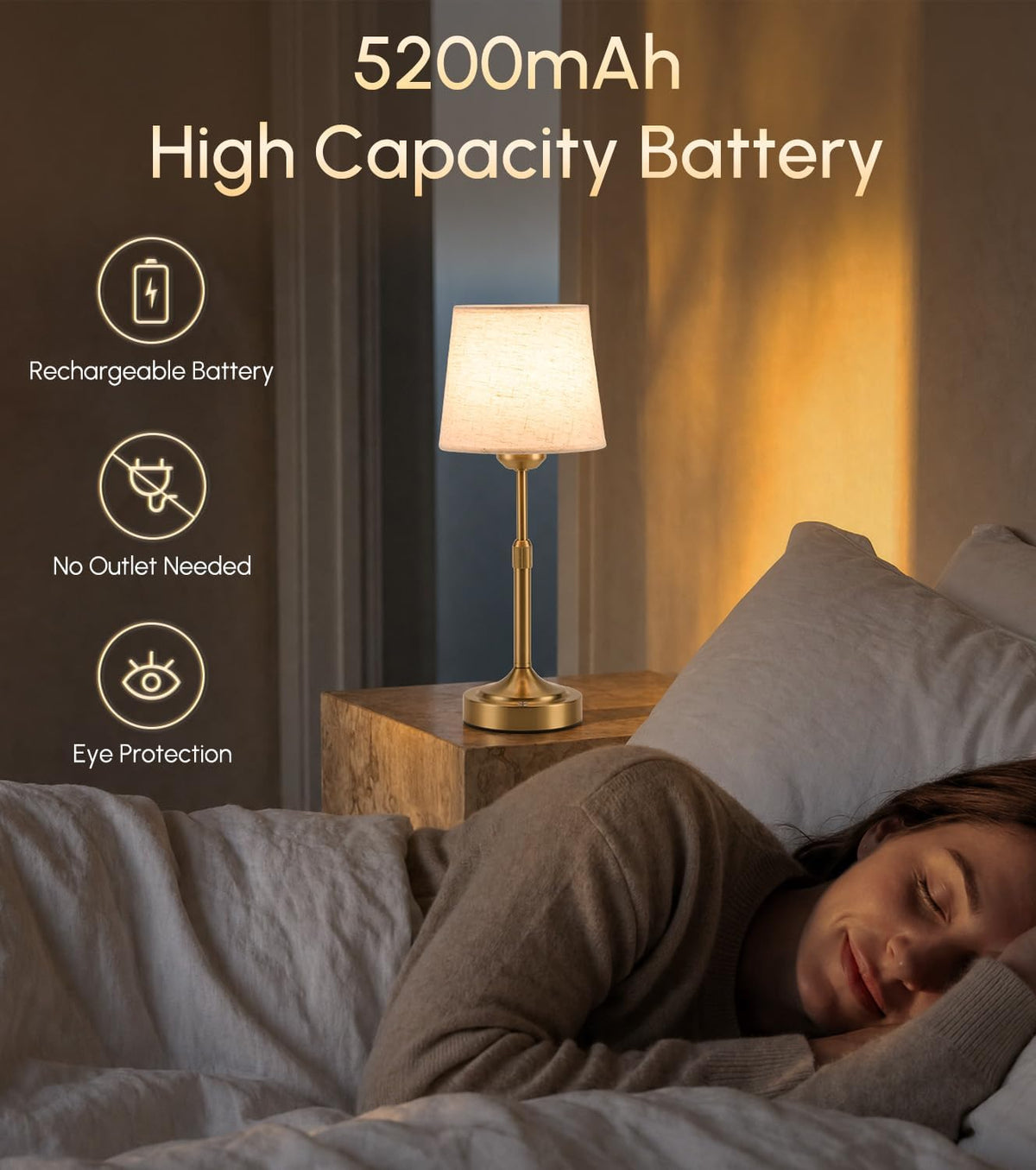 2 Pack Rechargeable Cordless Table Lamp - Small Table Lamp with 5200mAh Battery Operated, Bedside Lamps with 3 Color