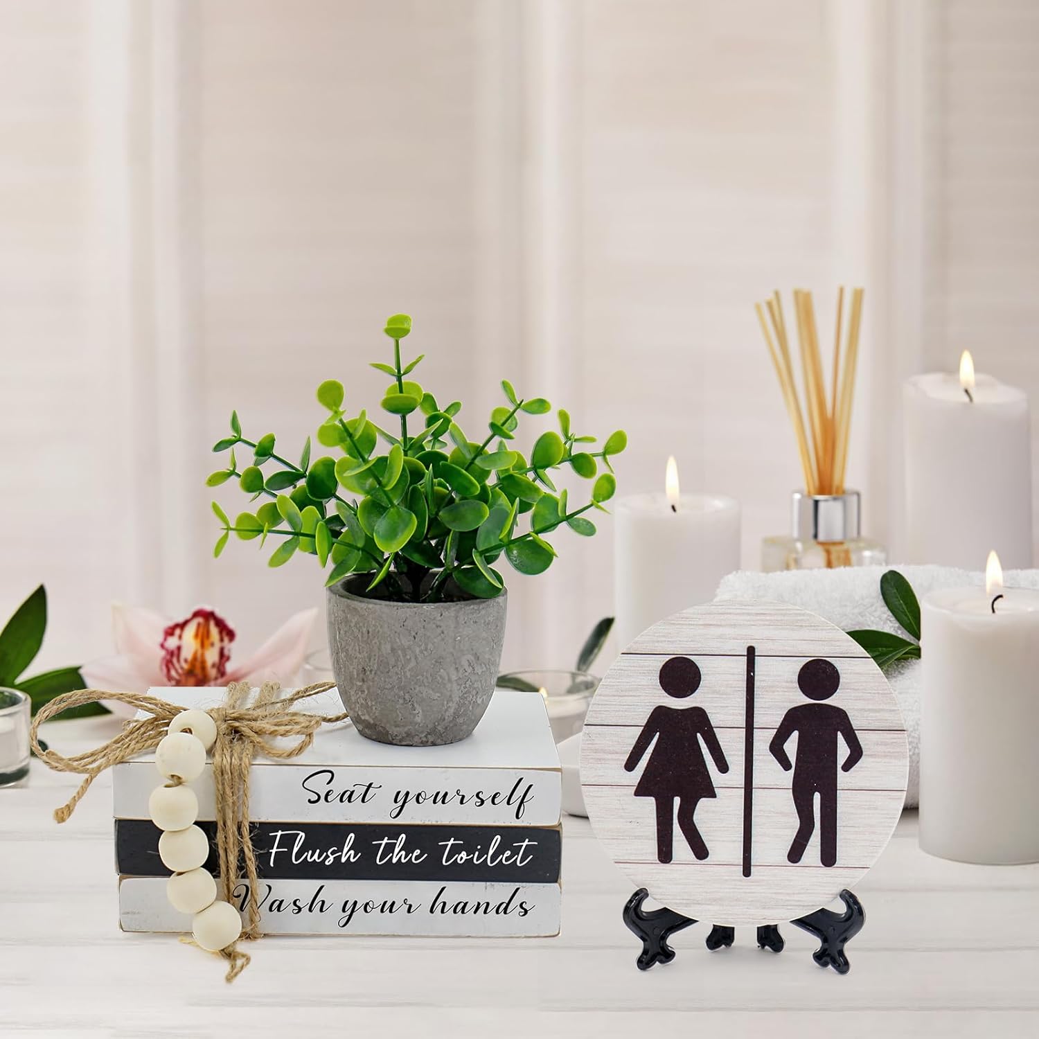 Fake Plants / Book Stack and 3D Round Signs / Flush The Toilet