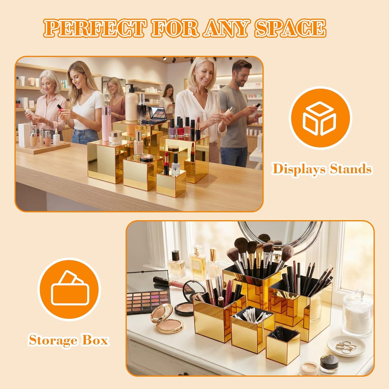 Hollow Bottom Acrylic Cube Stand Boxes for Display / Gold Mirror / 3, 4, 5, 6, 6.5 Inch / Set of 5
