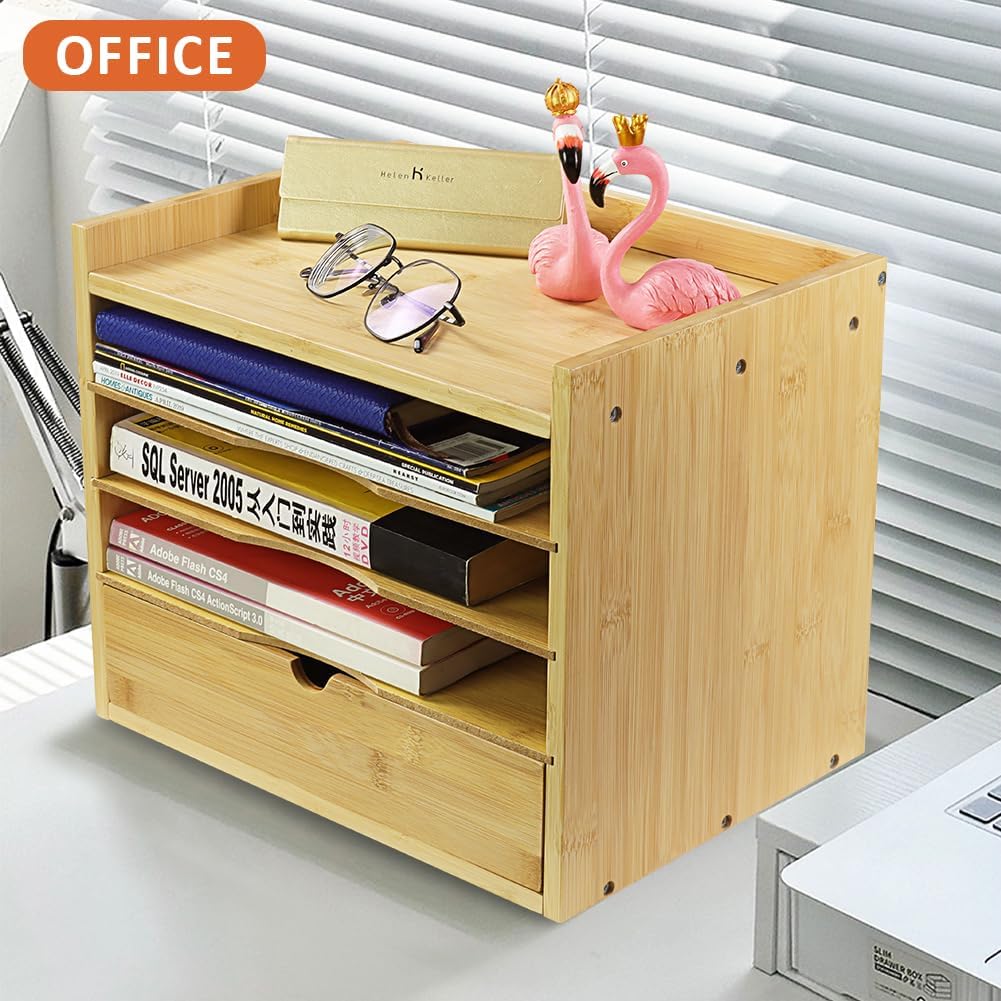 KKTONER 5-Tier Bamboo Desk Organizer with Drawer Tabletop File Organizer Document Holder with Shelf Desktop Cabinet for