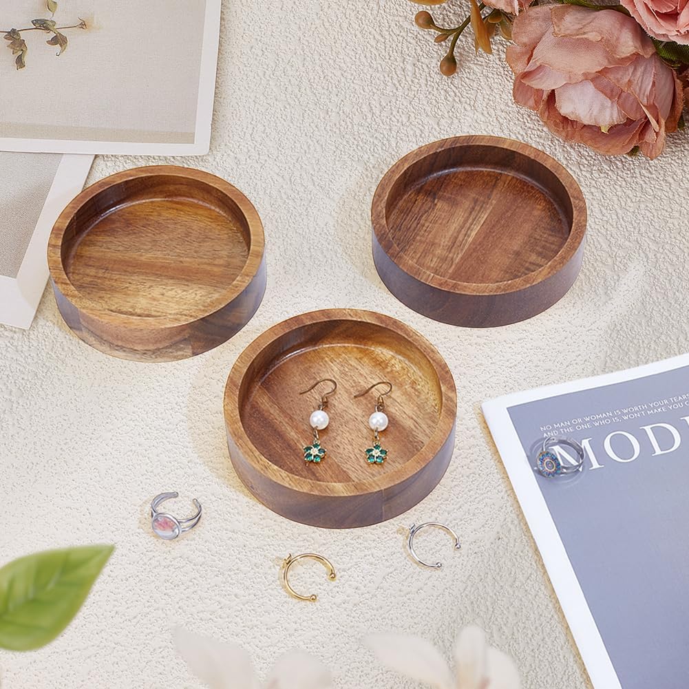 Wood Ring Tray Acacia Wood Decorative Jewelry Tray Small Tiny Bathroom / Round / 3.9 Inch / Set of 6