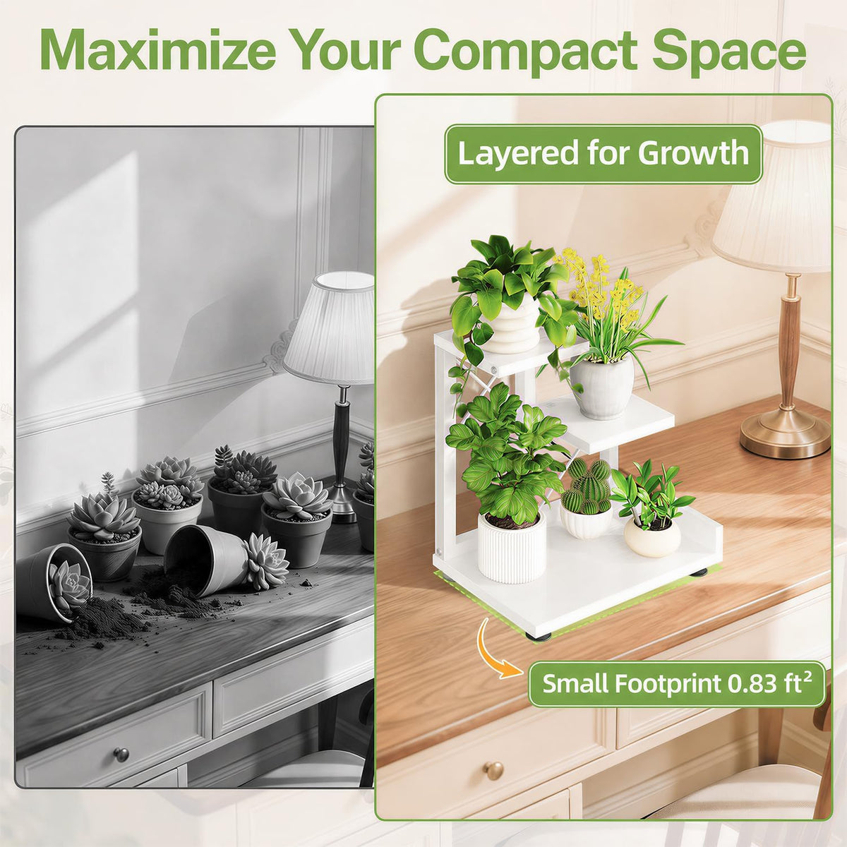 iDavosic.ly Table Top Small Plant Stand, Succulent Holder for Desk, White | 3 Tier Flower Pot Shelf for Desktop, Space