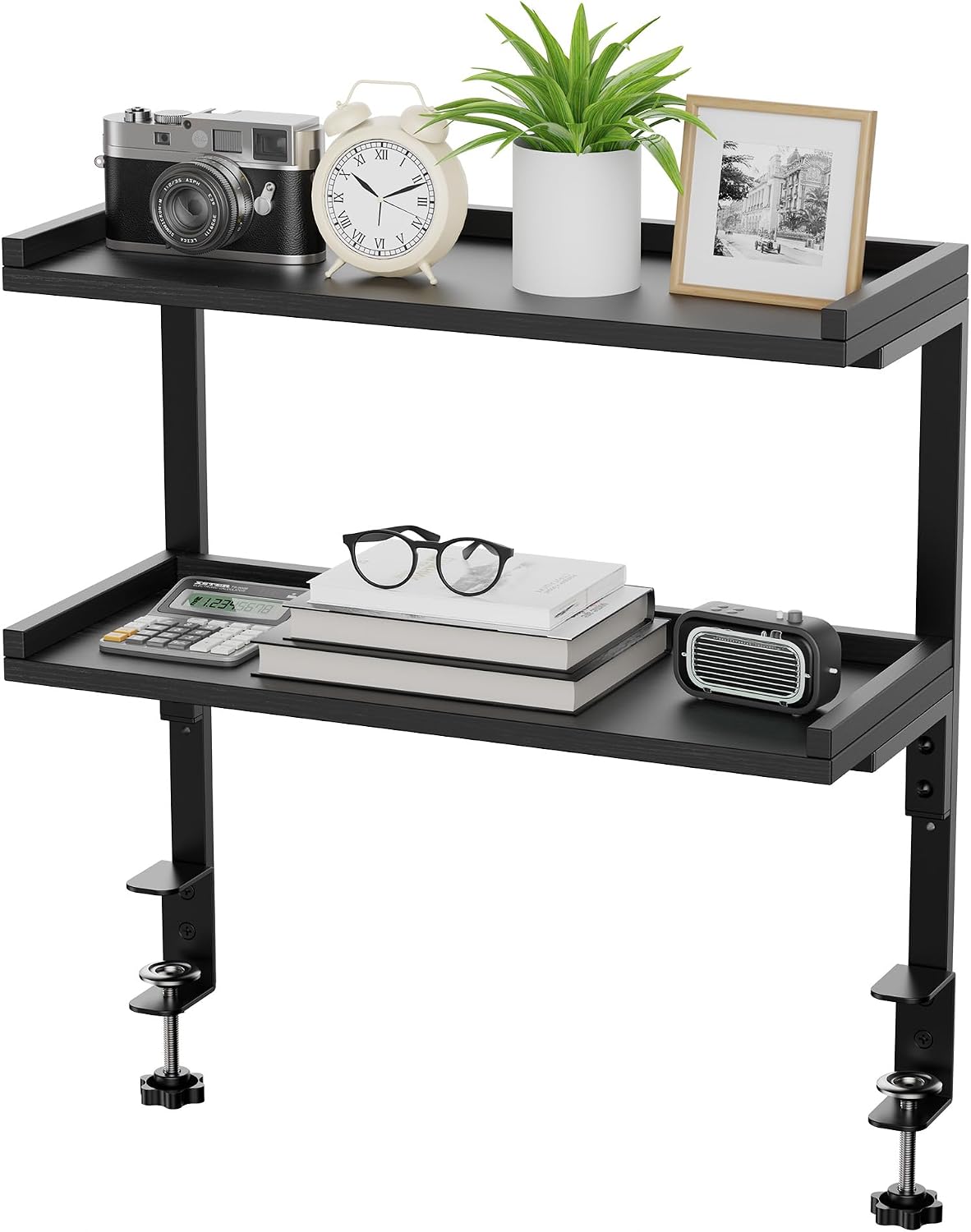 Clamp On Desk Shelf 2-Tier, 16.5 in Wood Shelving Unit for Office Desk/Gaming Accessories, Tabletop Book Storage Rack