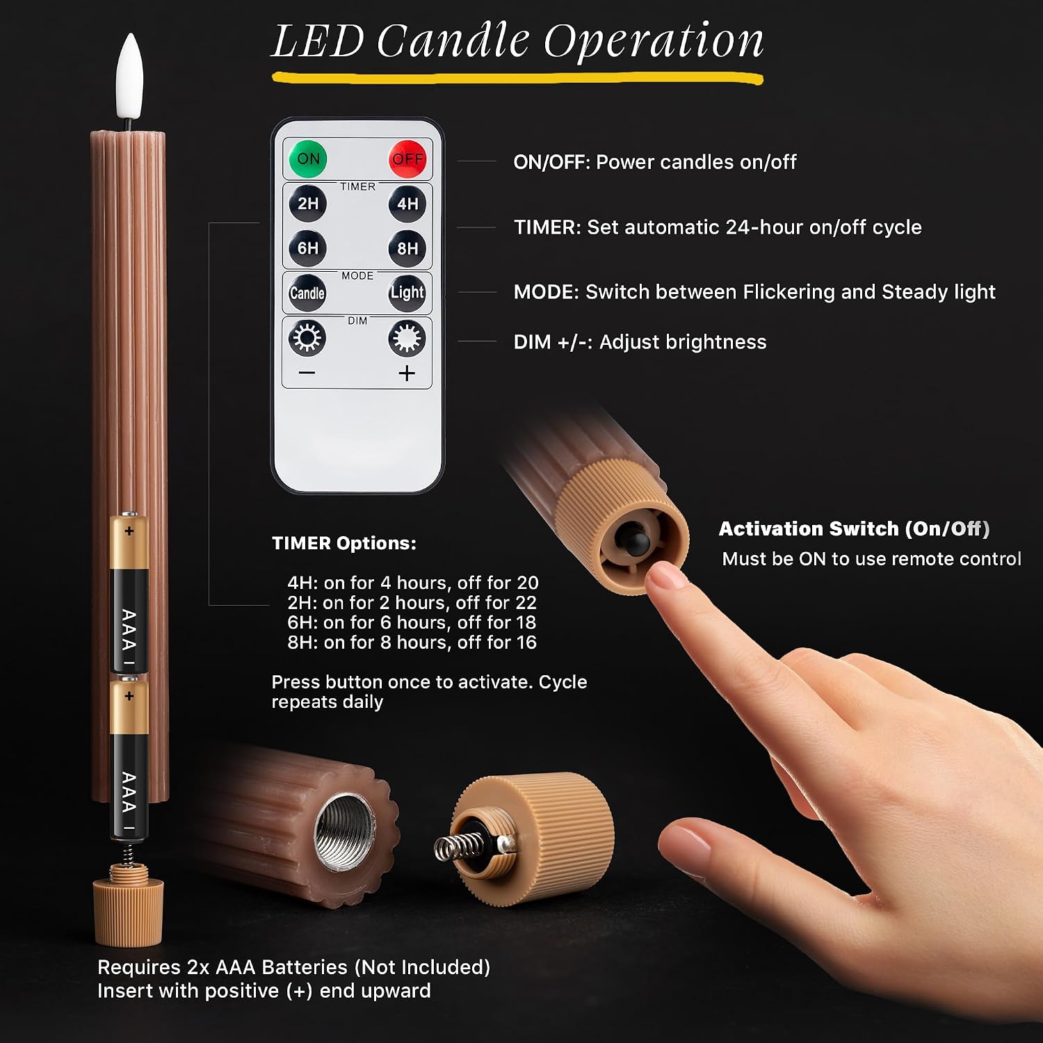 10" Fluted Ribbed LED Brown Tan Grooved Real Wax Taper Candles, Remote & 24h Timer Memory, On/Off Switch - Flameless