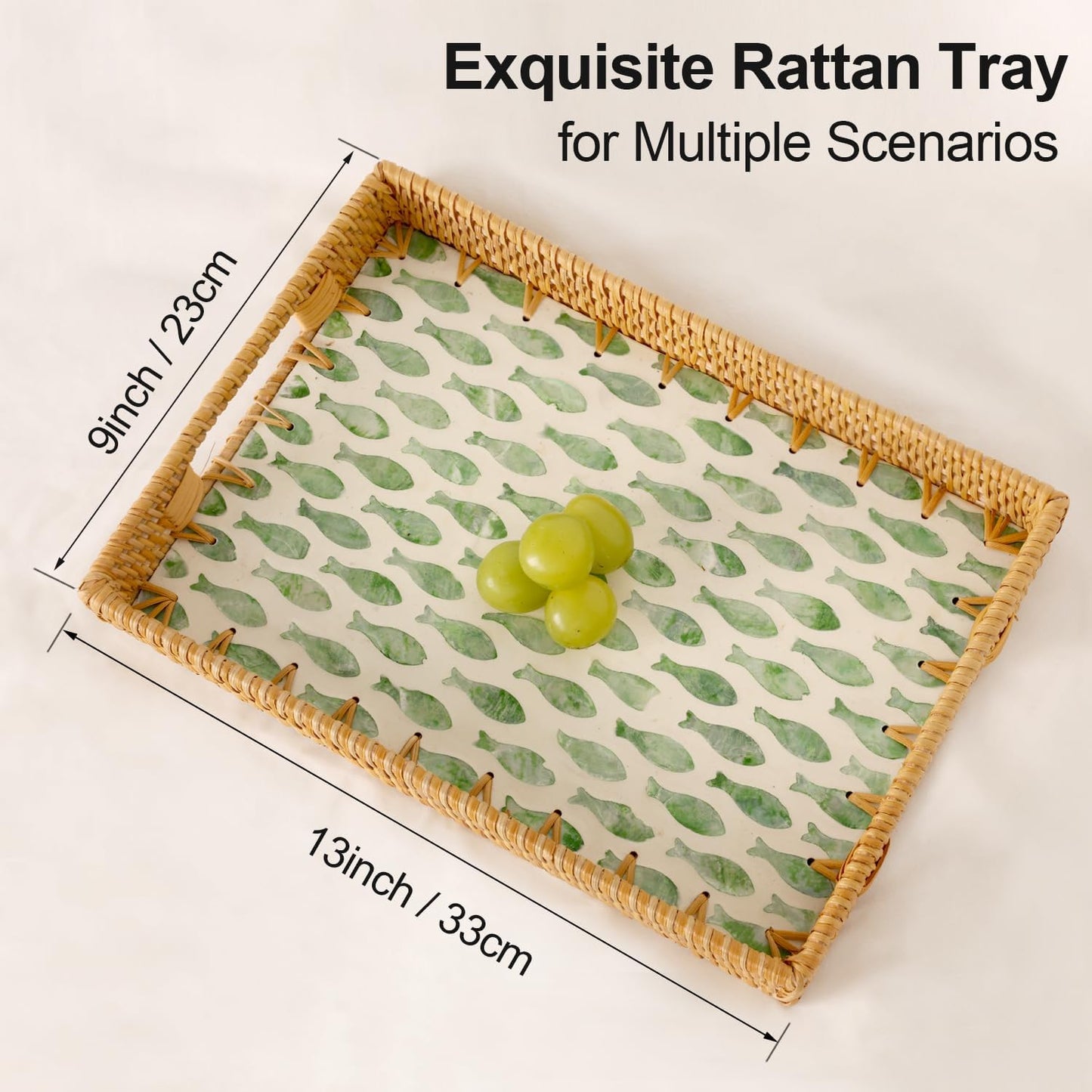 Rattan Serving Tray / Green Fish