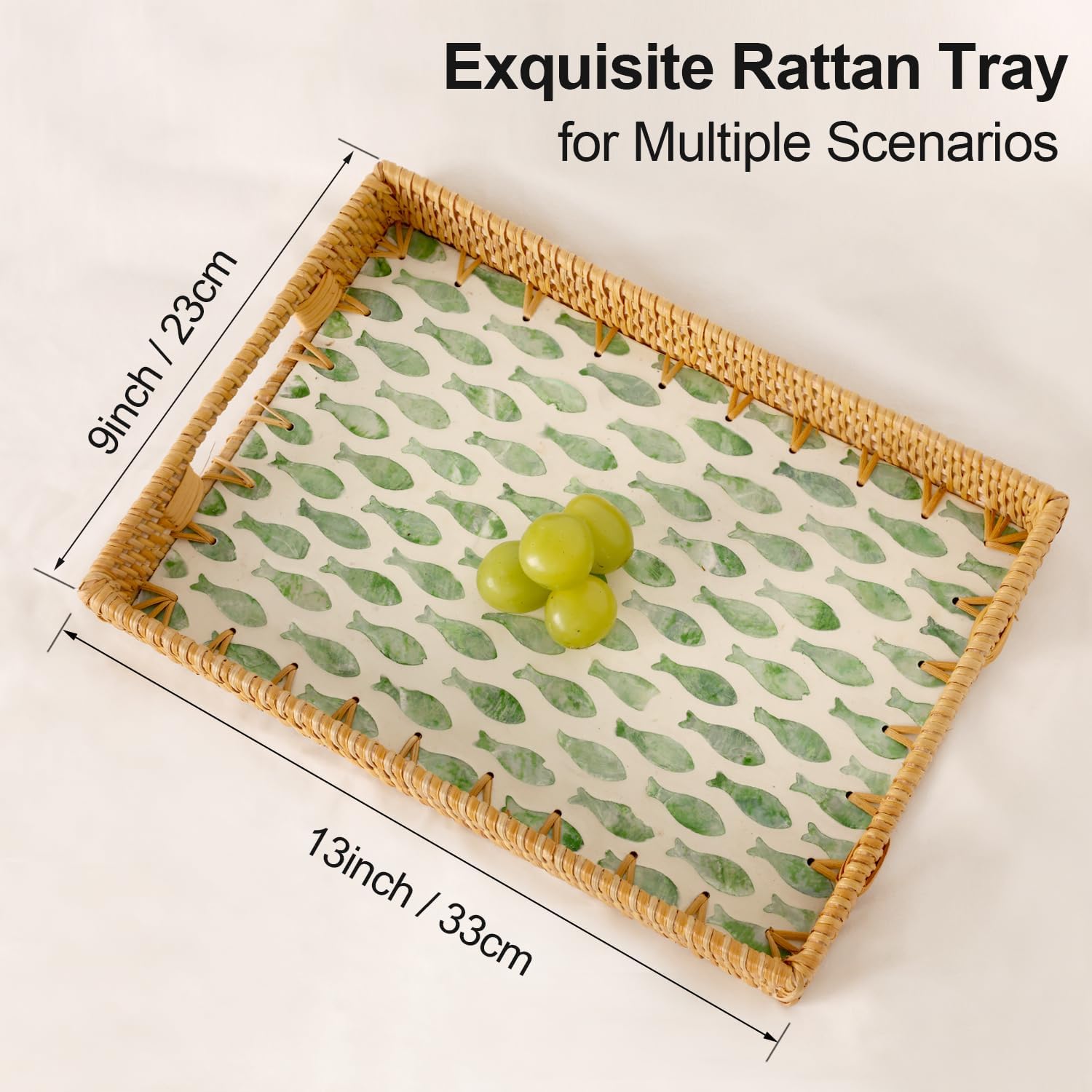 Rattan Serving Tray / Green Fish