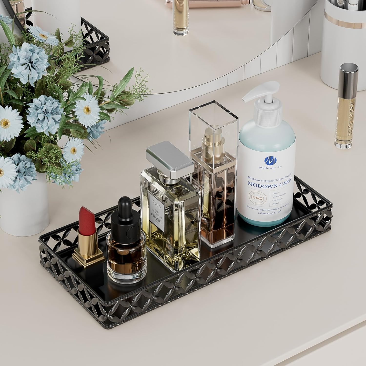 Vanity Tray / Rectangle Floral-black / 11 Inch