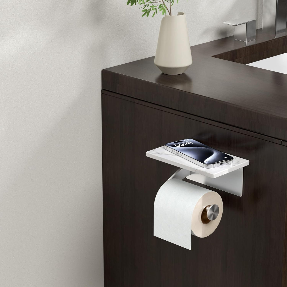 FORIOUS Toilet Paper Holder with Shelf, Natural Marble, Commercial | Brushed Nickel, Wall Mount 304 Stainless Steel