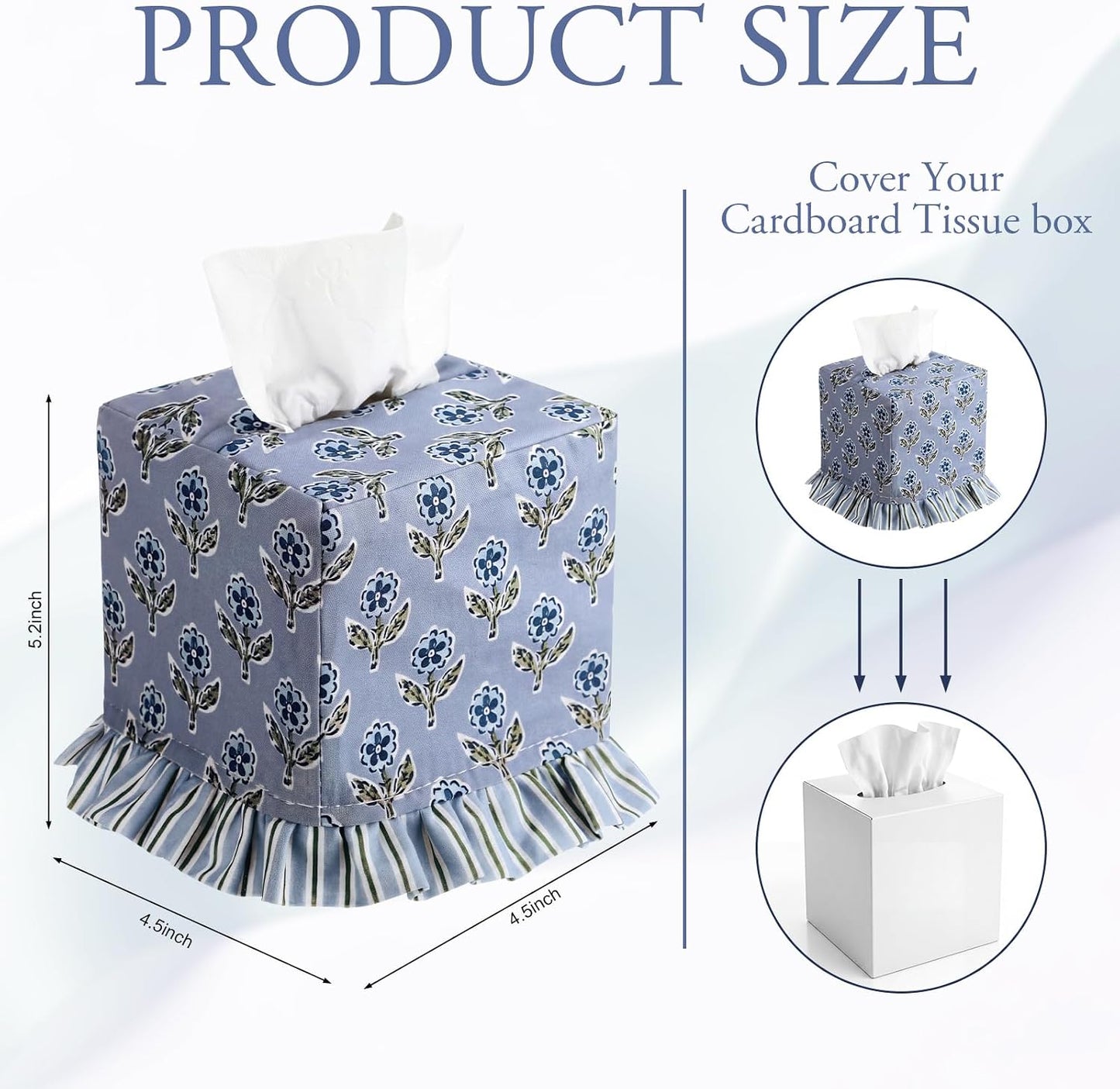 Apatite Floral Ruffle Tissue Box Cover Block Printed Cotton Fabric Napkin Holder Square Boho / Blue