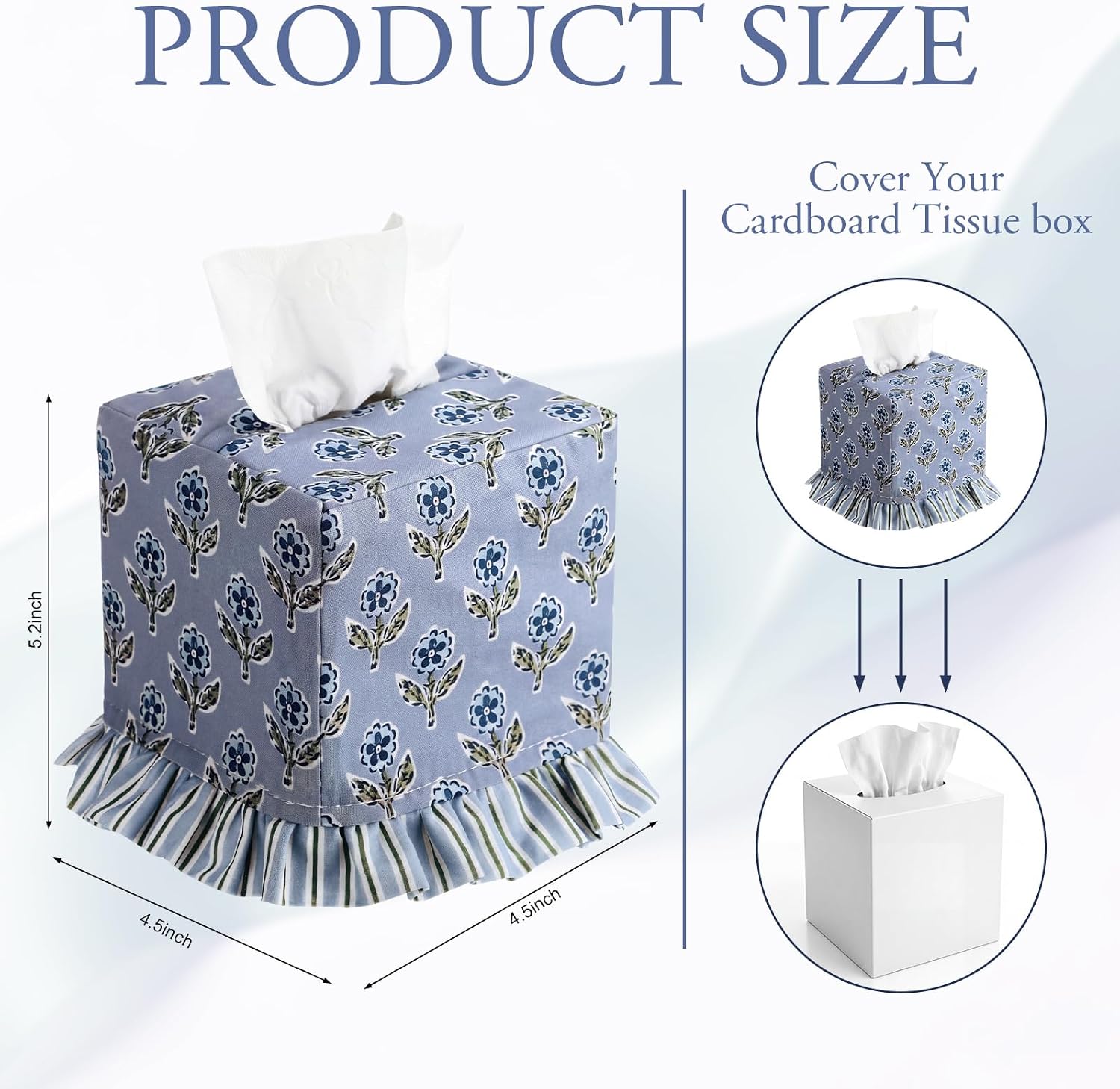 Apatite Floral Ruffle Tissue Box Cover Block Printed Cotton Fabric Napkin Holder Square Boho / Blue