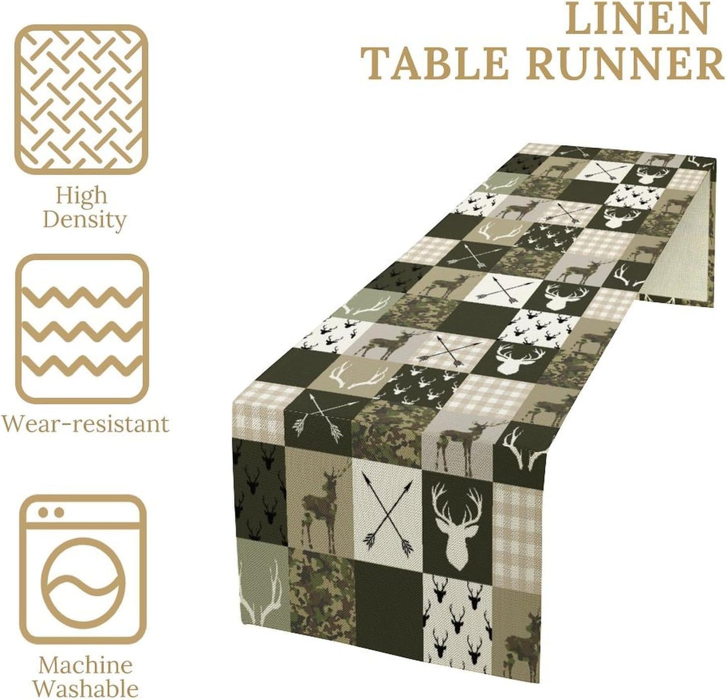 Farmhouse Moose Deer Bear Table Runner,Camouflage Vintage Bear Cottage Country Style Pattern Printed Linen Table Runner