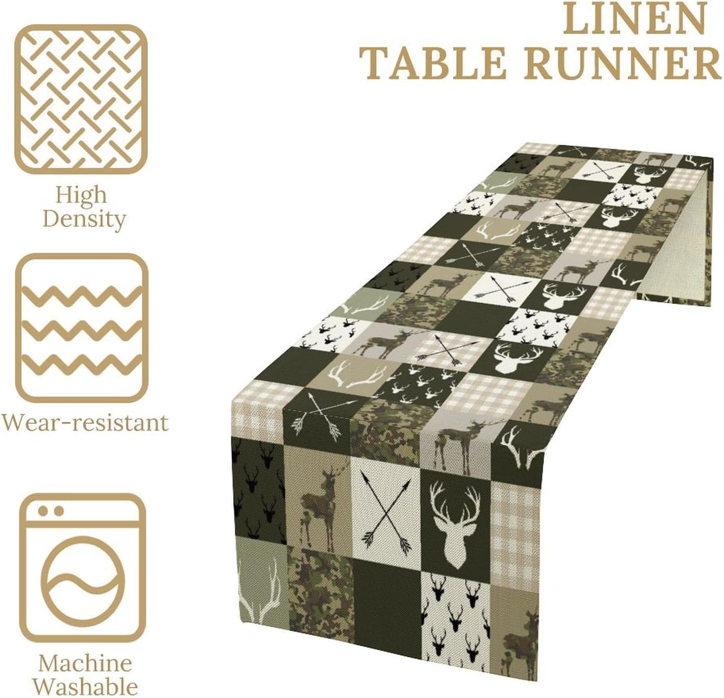 Farmhouse Moose Deer Bear Table Runner,Camouflage Vintage Bear Cottage Country Style Pattern Printed Linen Table Runner
