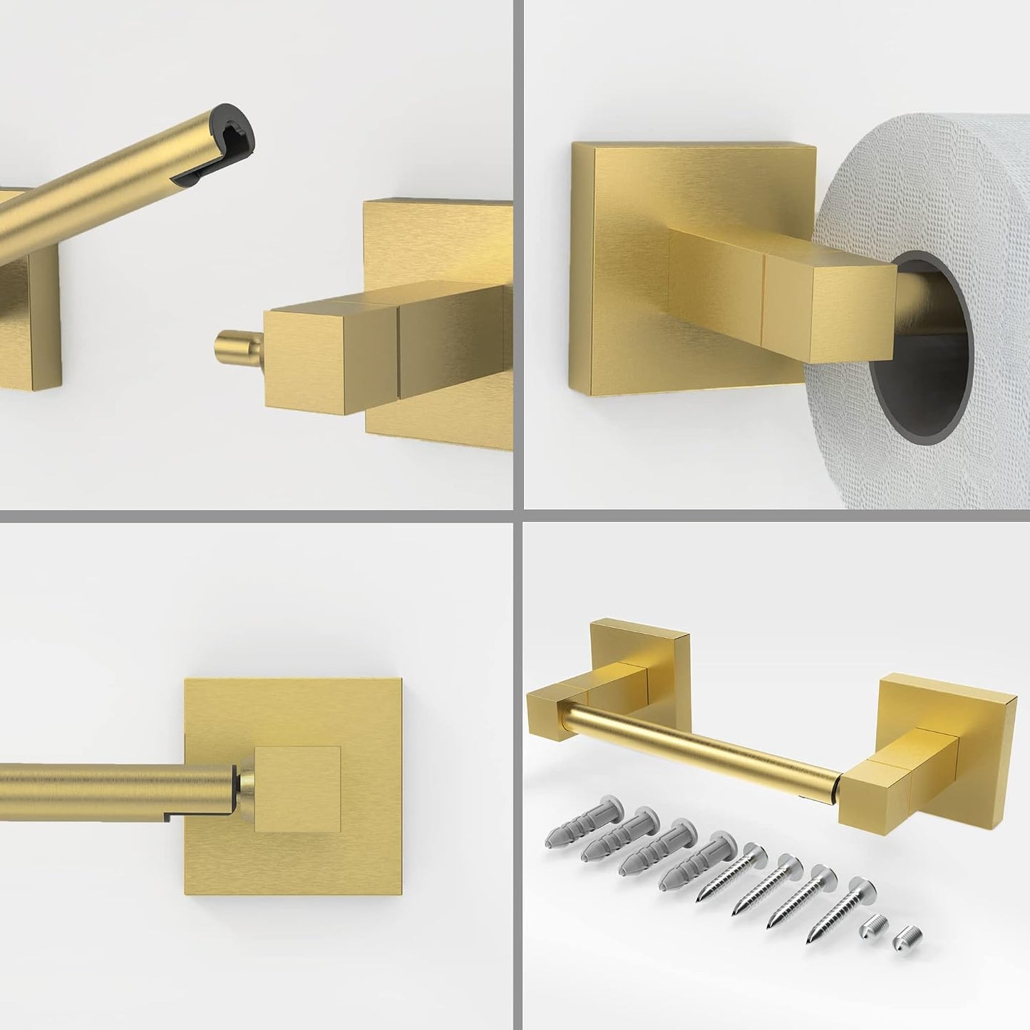RUACQ Brushed Gold Toilet Paper Holder Wall Mount for Bathroom | Dual-Post Pivoting Tissue Roll Holder with Square