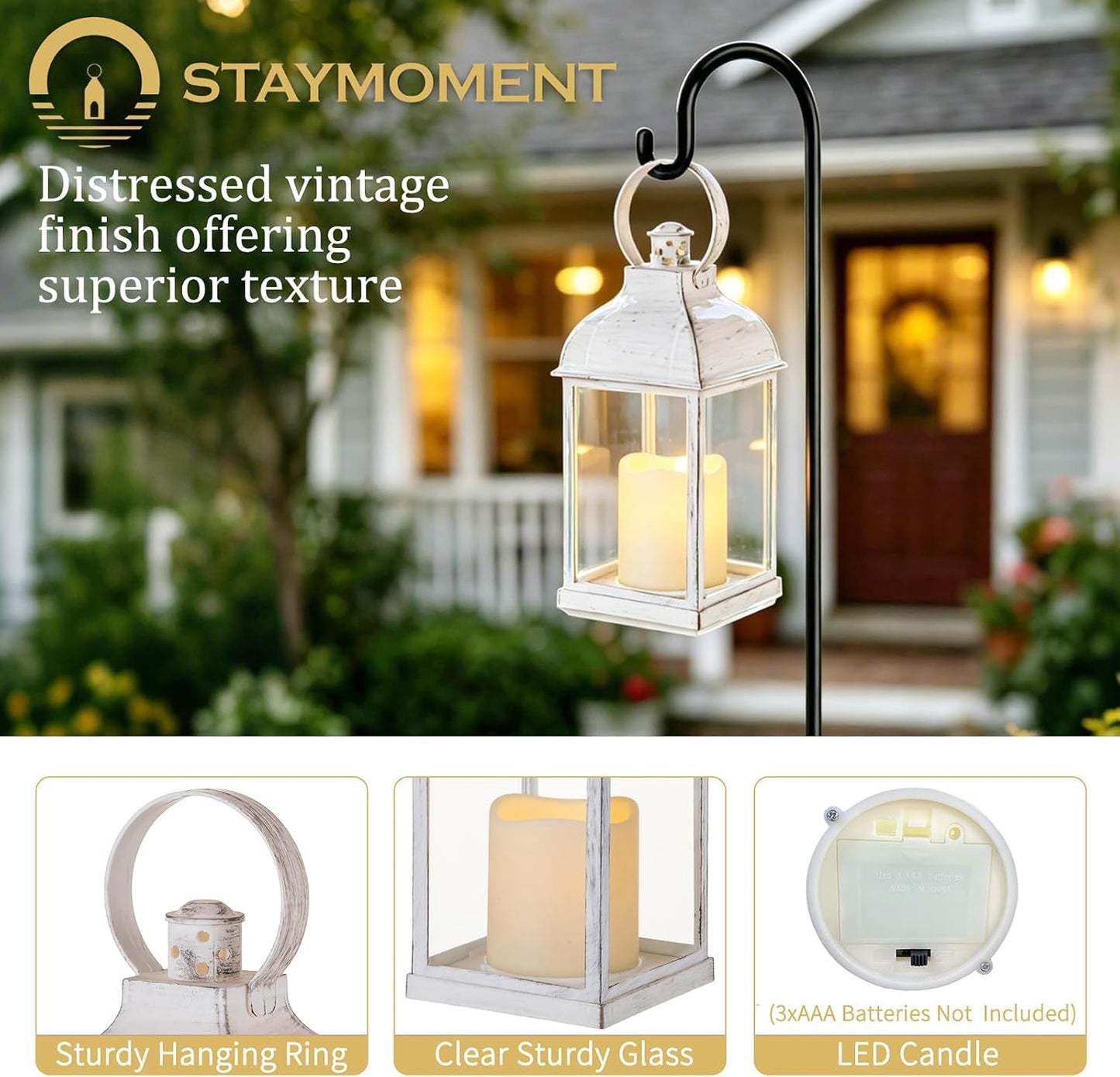 White Small Lanterns with LED Candles, Set of 6 Wedding Decor | Distressed Farmhouse Lanterns with Glass Panels