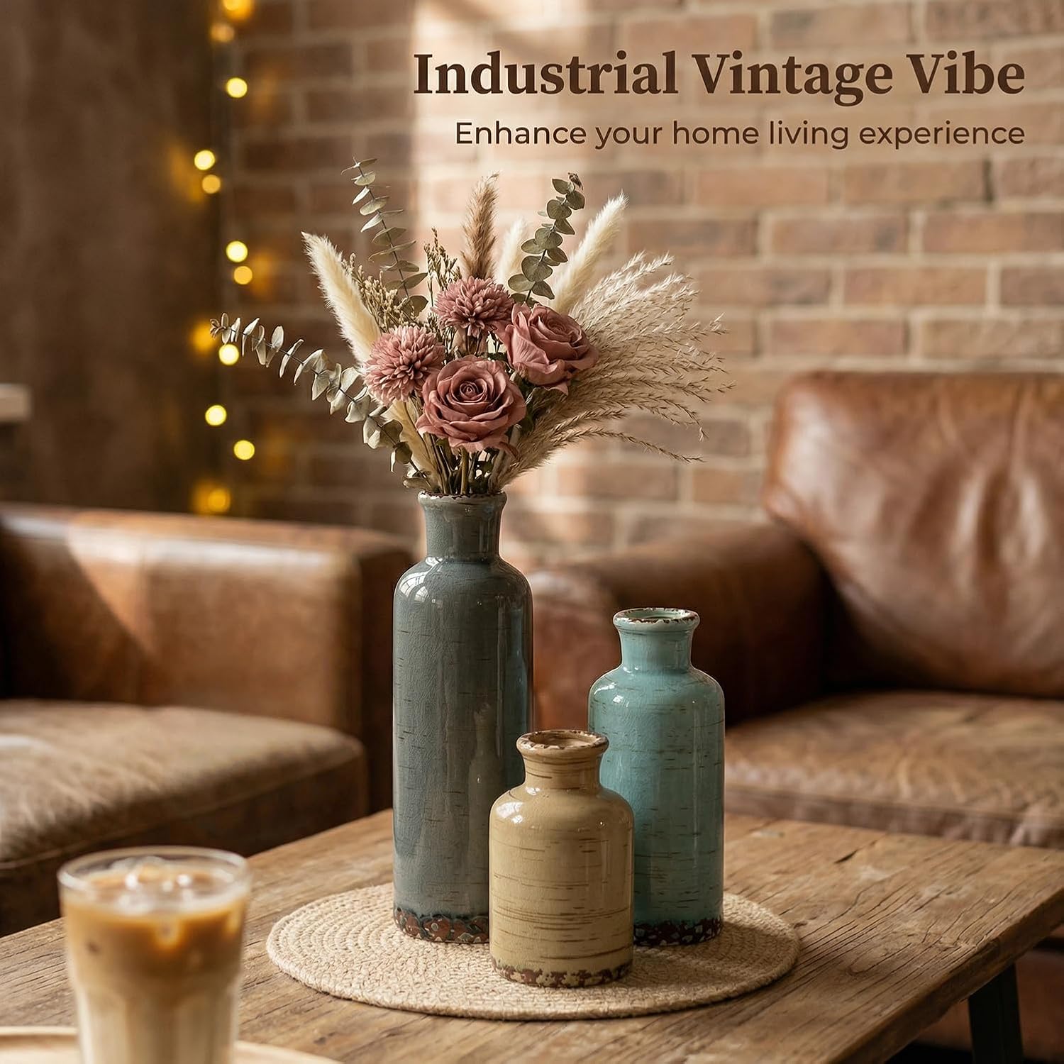Rustic Farmhouse Vase / 107-gray Blue Stripe / Set of 3
