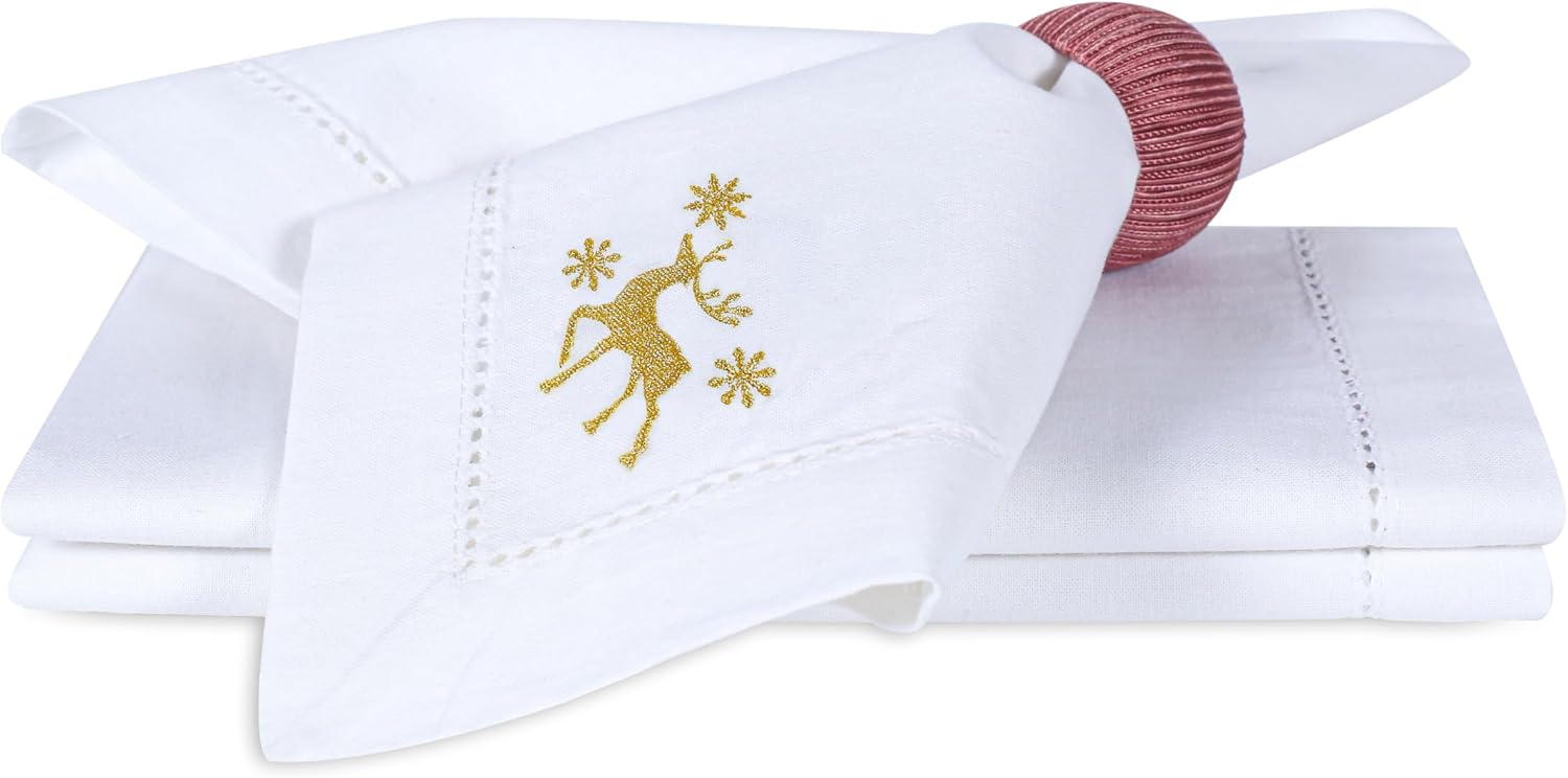 Bedding Craft Cotton Cloth Dinner Napkins, White & Gold, 18x18, 12-Pack | 100% cotton, gold embroidery, machine