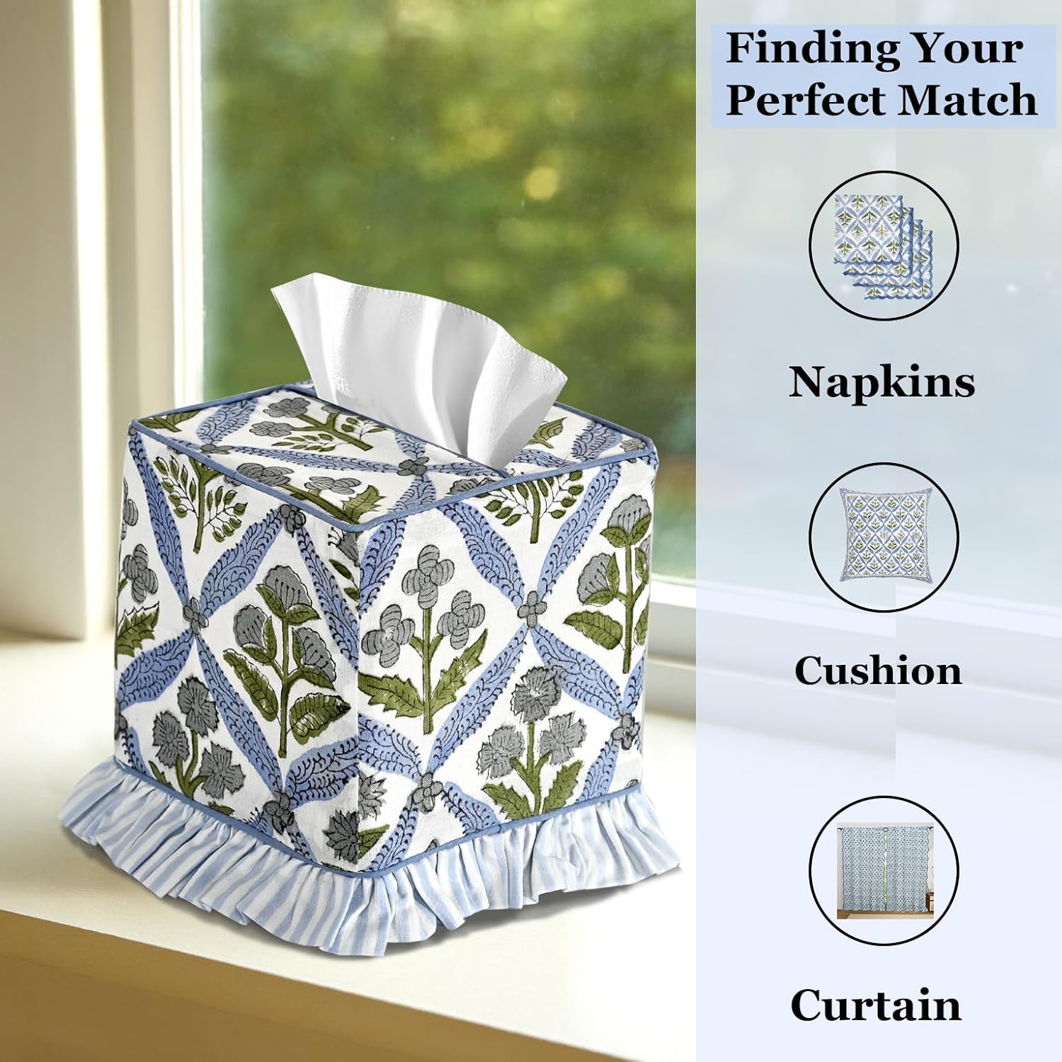 Block Print Ruffle Tissue Box Cover Handmade Cotton Decorative Square Napkin / Light Steel Blue