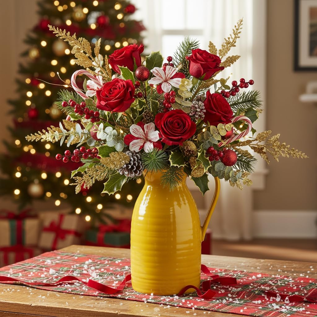 Farmhouse Pitcher Vase for Flowers- Decrative Pitchers White Ceramic Pitcher / Yellow - Pitcher Vase