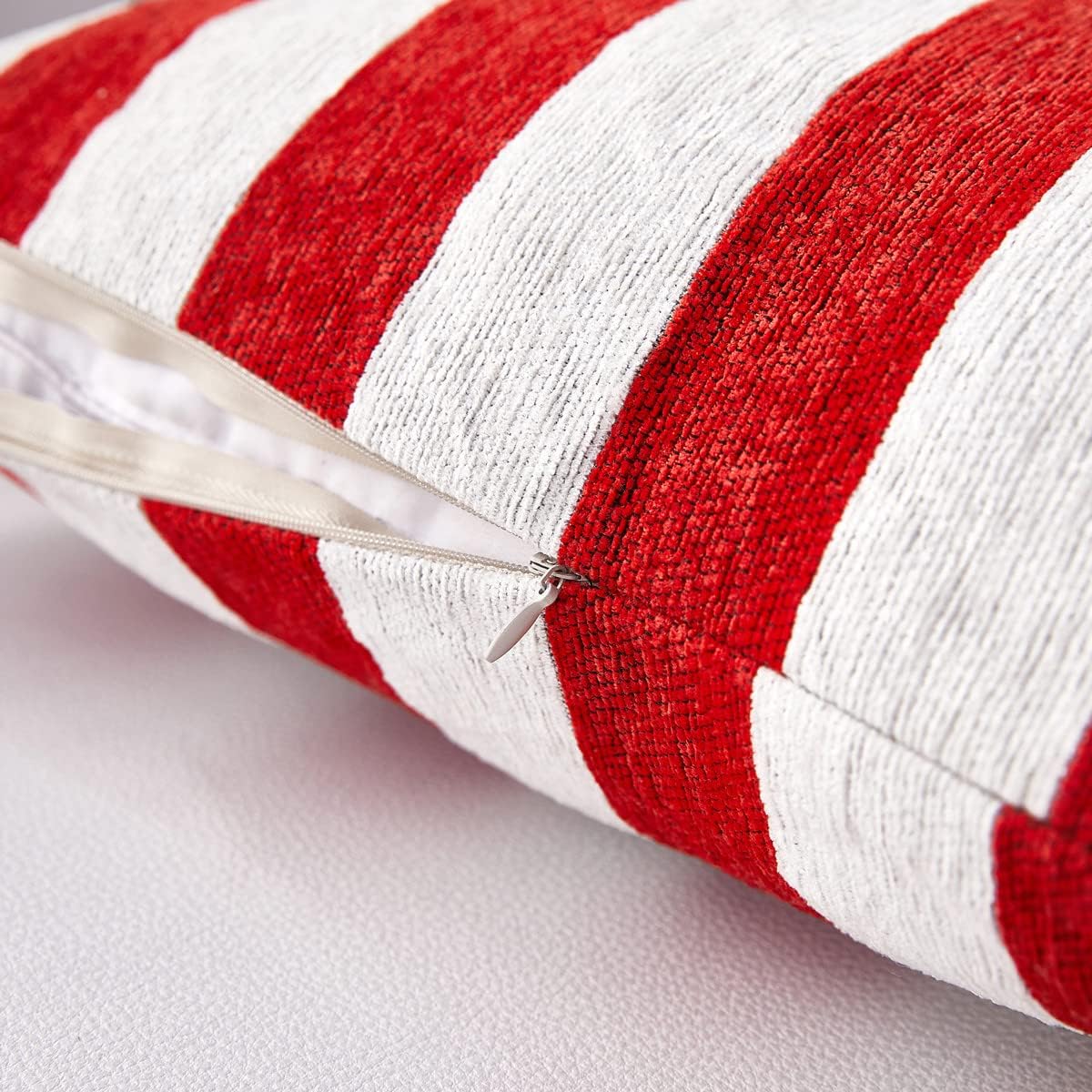 Soft Chenille Decorative Patriotic Throw Pillow Covers July / Red White Stripe / 18 x 18 / Set of 2