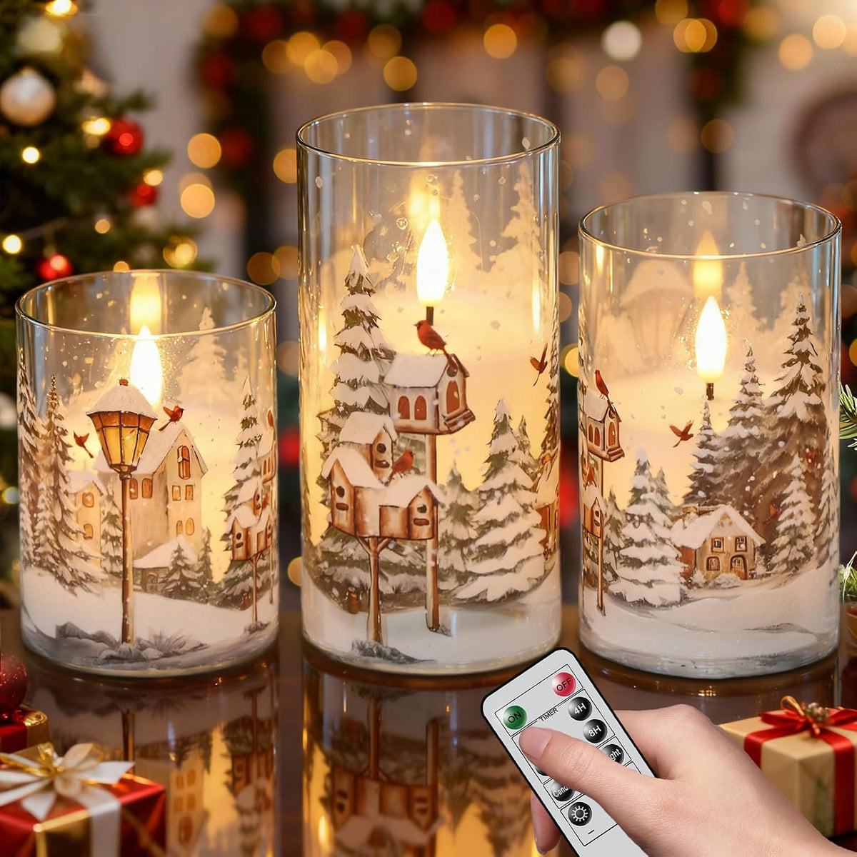 Wondise Red Bird Glass Flameless Candles with Remote Timer
