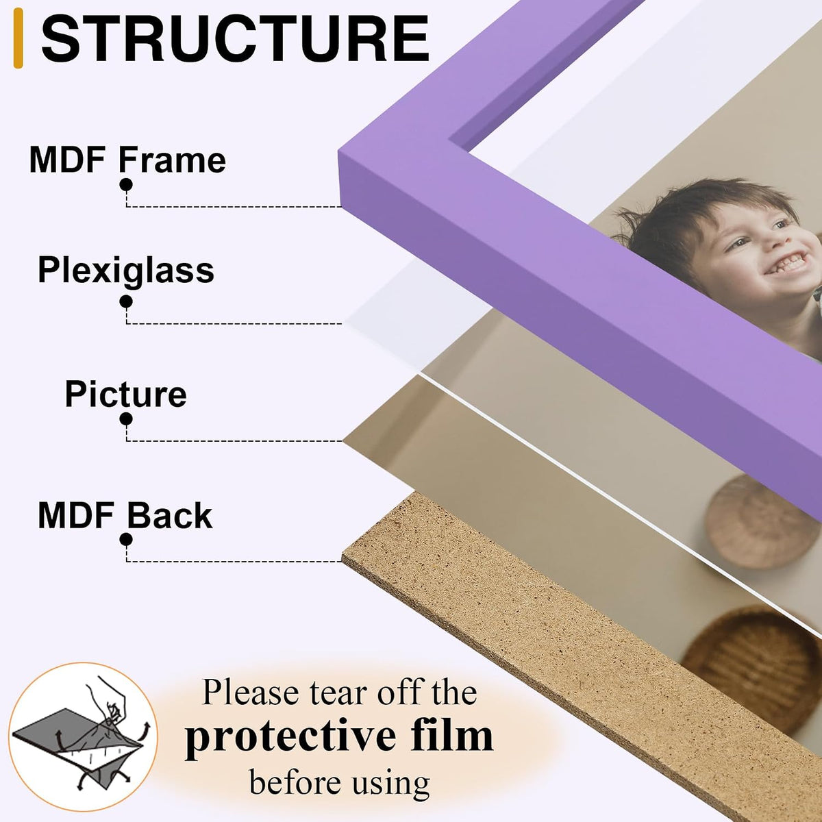 decorUhome Purple Triple 8x10 Picture Frame Vertical, MDPP08 | "Z" Shape Folding Design Engineered Wood Trifold Photo