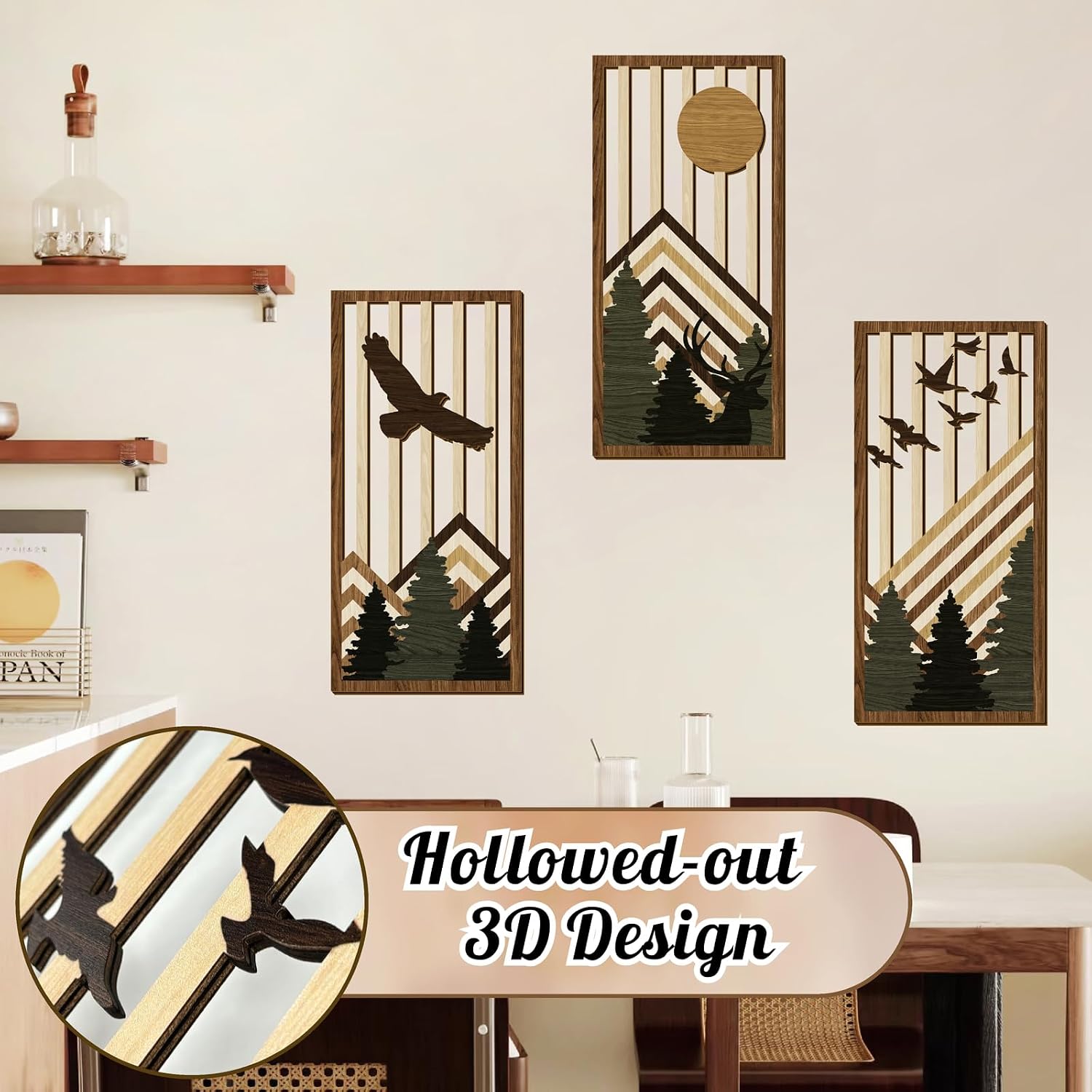 Wooden Boho Mountain Wall Art Mid Century Modern Wall Decor Nature / Brown Mountain / Set of 3
