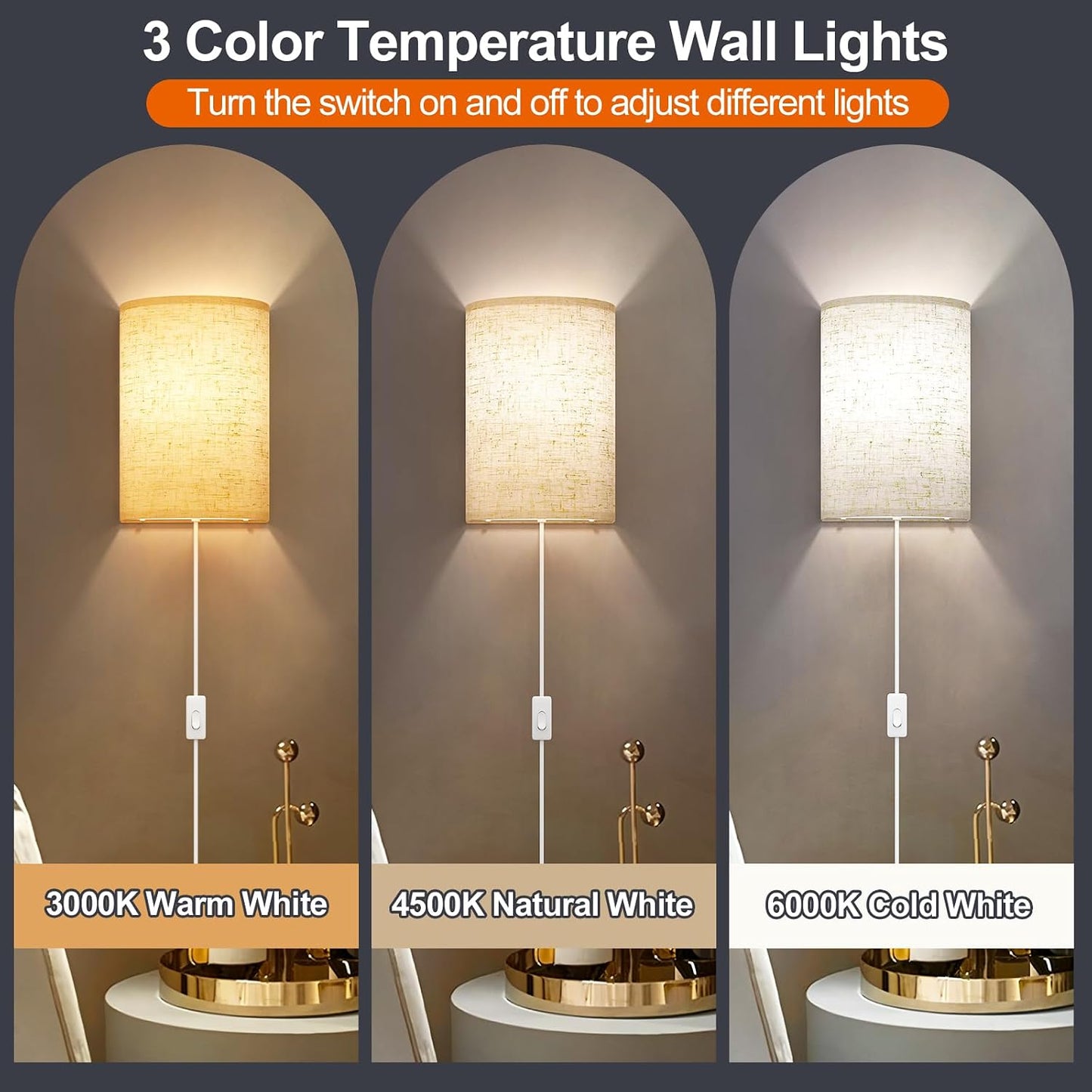 Yunaking Plug in Wall Sconces Set of Two Wall Lights with On/Off Switch | Stepless Color Temperature Wall Lamps with