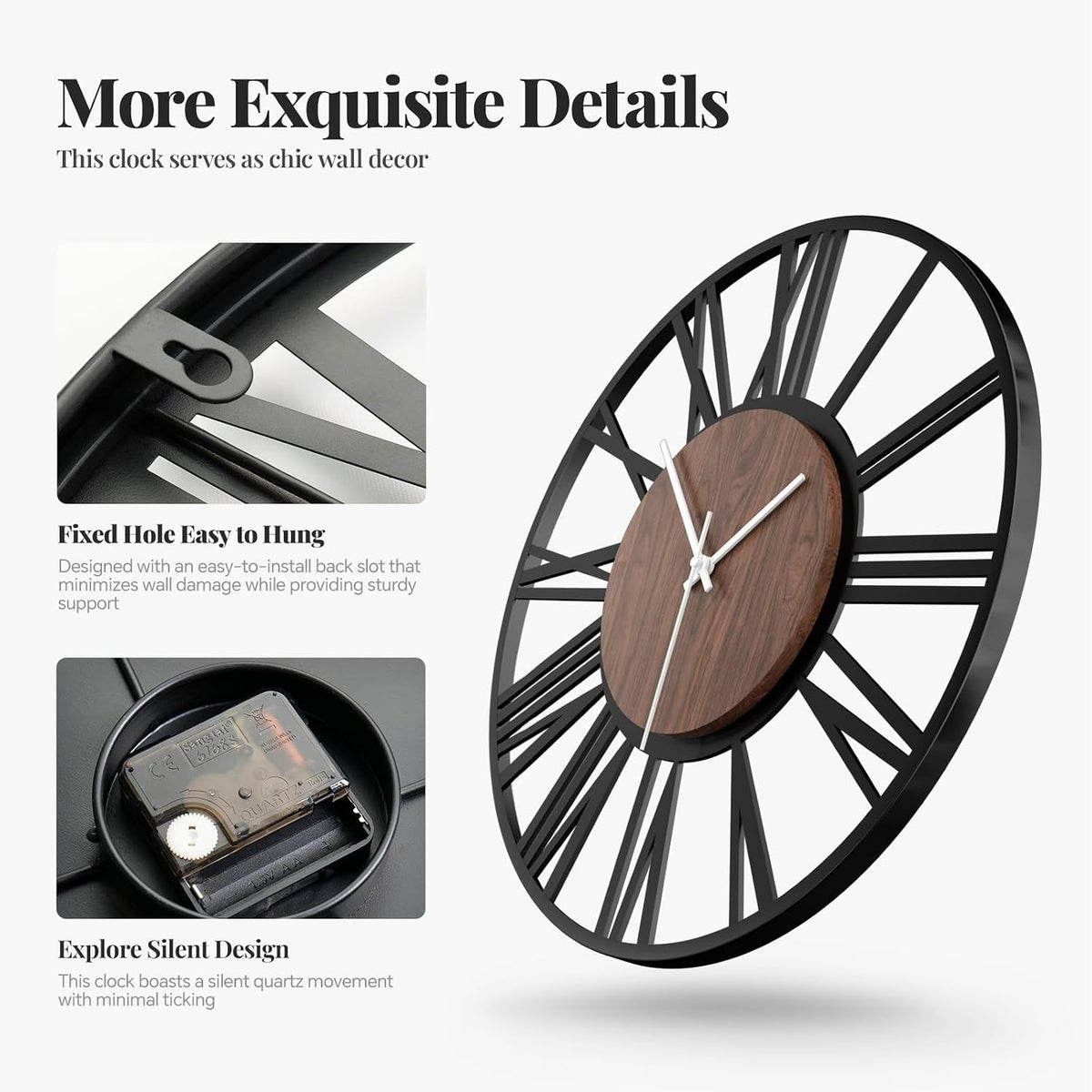 Cuspin 30 Inch Large Wall Clock Black Metal Frame with Walnut Wood Dial | Battery operated, Silent non ticking, Roman