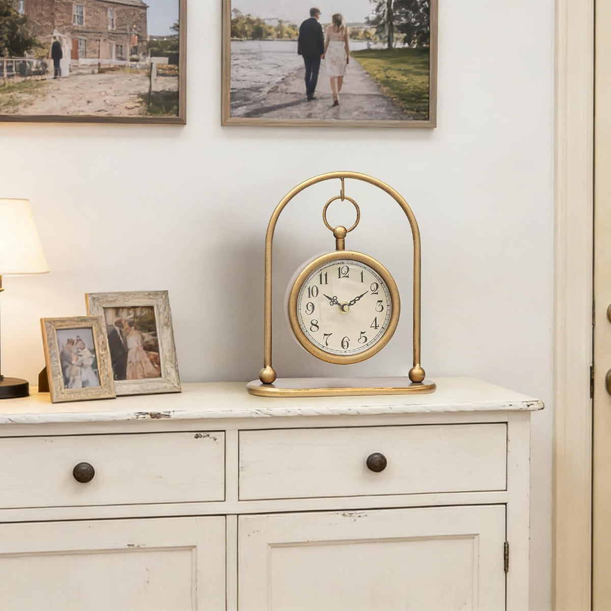 Vintage Small Gold Table Clock, Farmhouse Table Clock, Silent Non-Ticking Battery Operated Desk and Shelf Clocks for