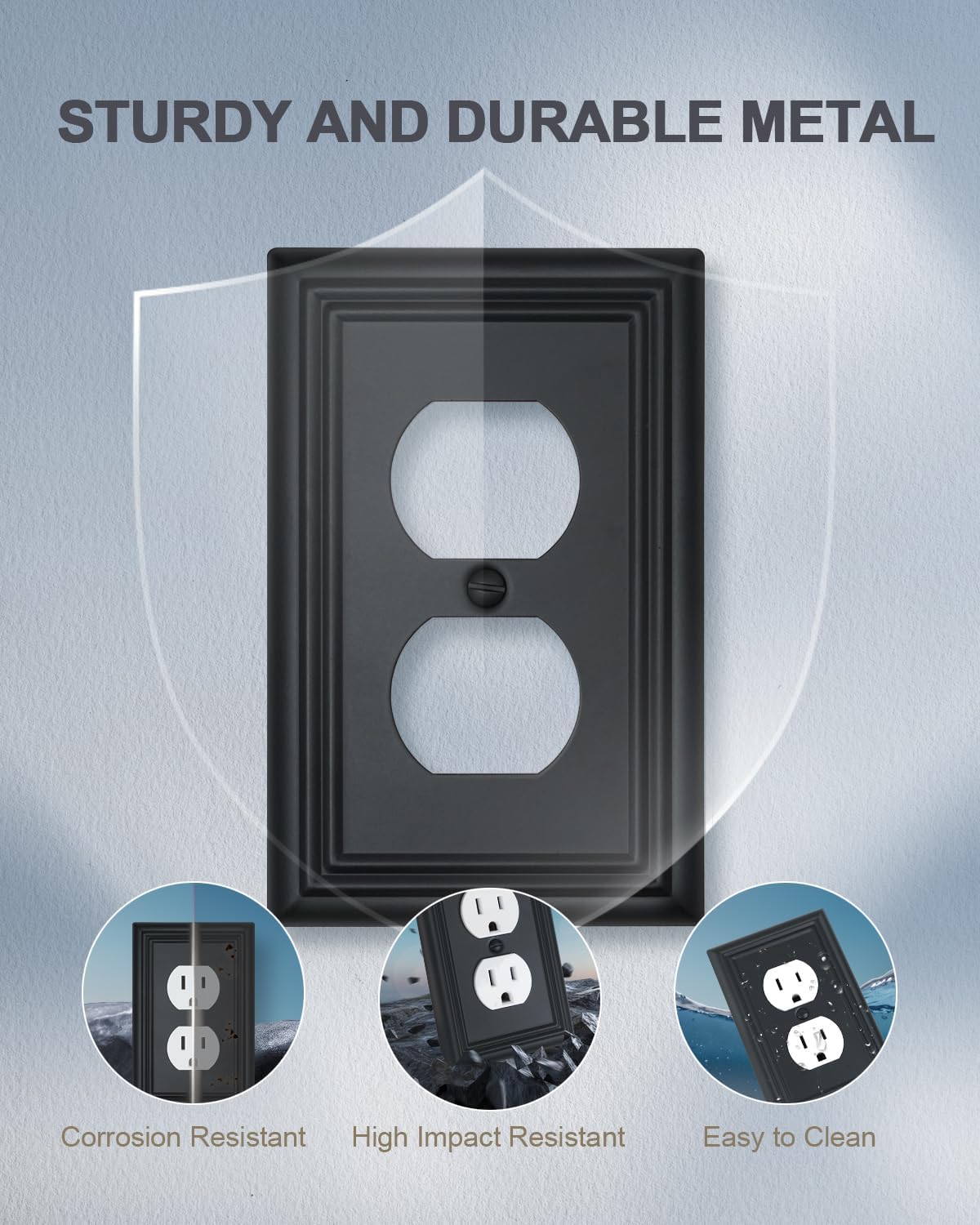 Switch Plates Outlet Covers, 6-Pack Metal Wall Plates, Black Finish | Midsize Duplex Outlet Cover, Ideal for Electrical