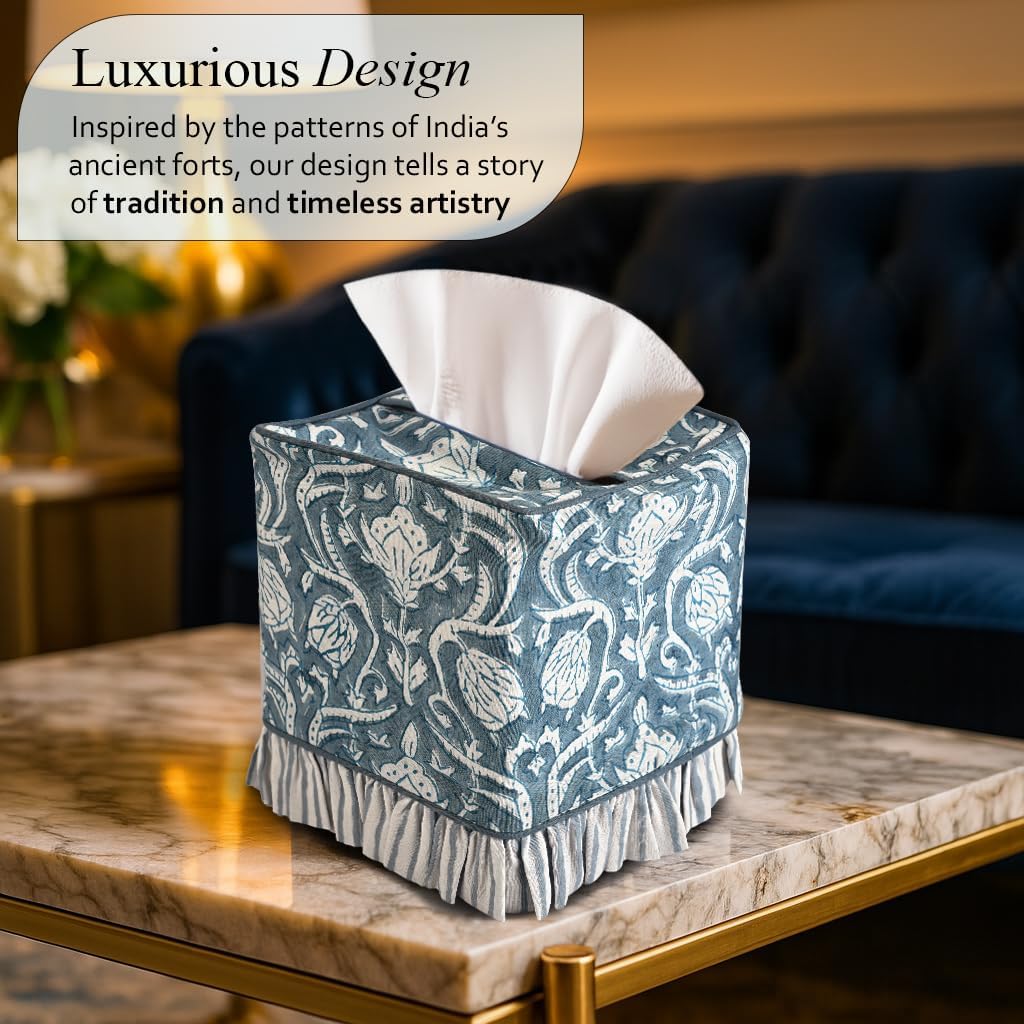 CPC Hand Block Print Cotton Ruffle Tissue Box Cover " Decorative / Azure Regal / 4.5 x 4.5 x 5