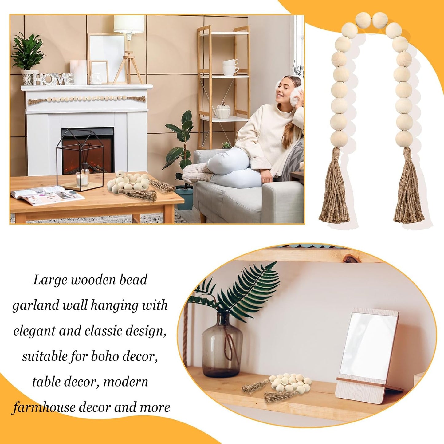 Large Wood Bead Garland / White / Set of 2
