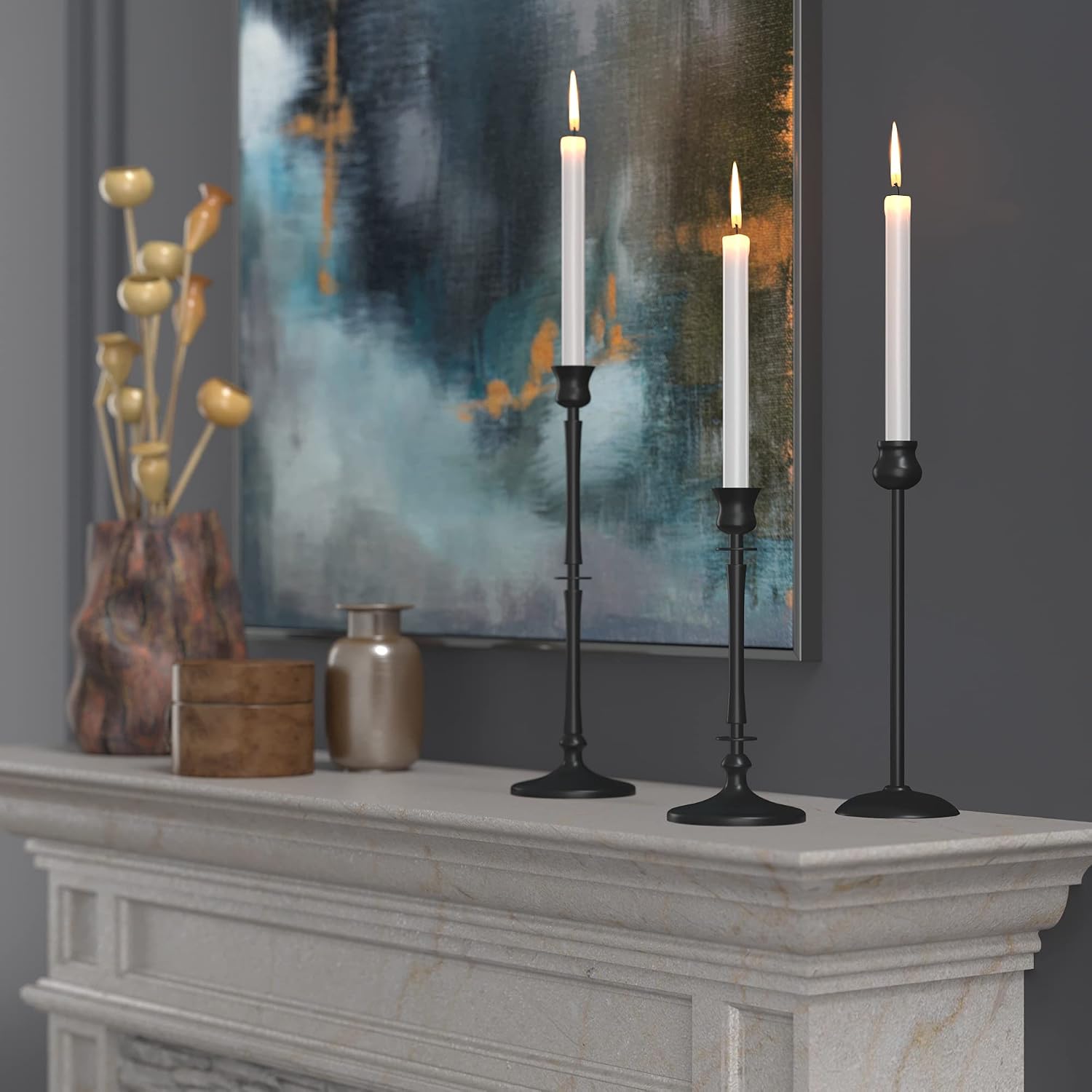 Matte Black Taper Candlestick Holders Set of 3 - Metal Candle Stick Holders