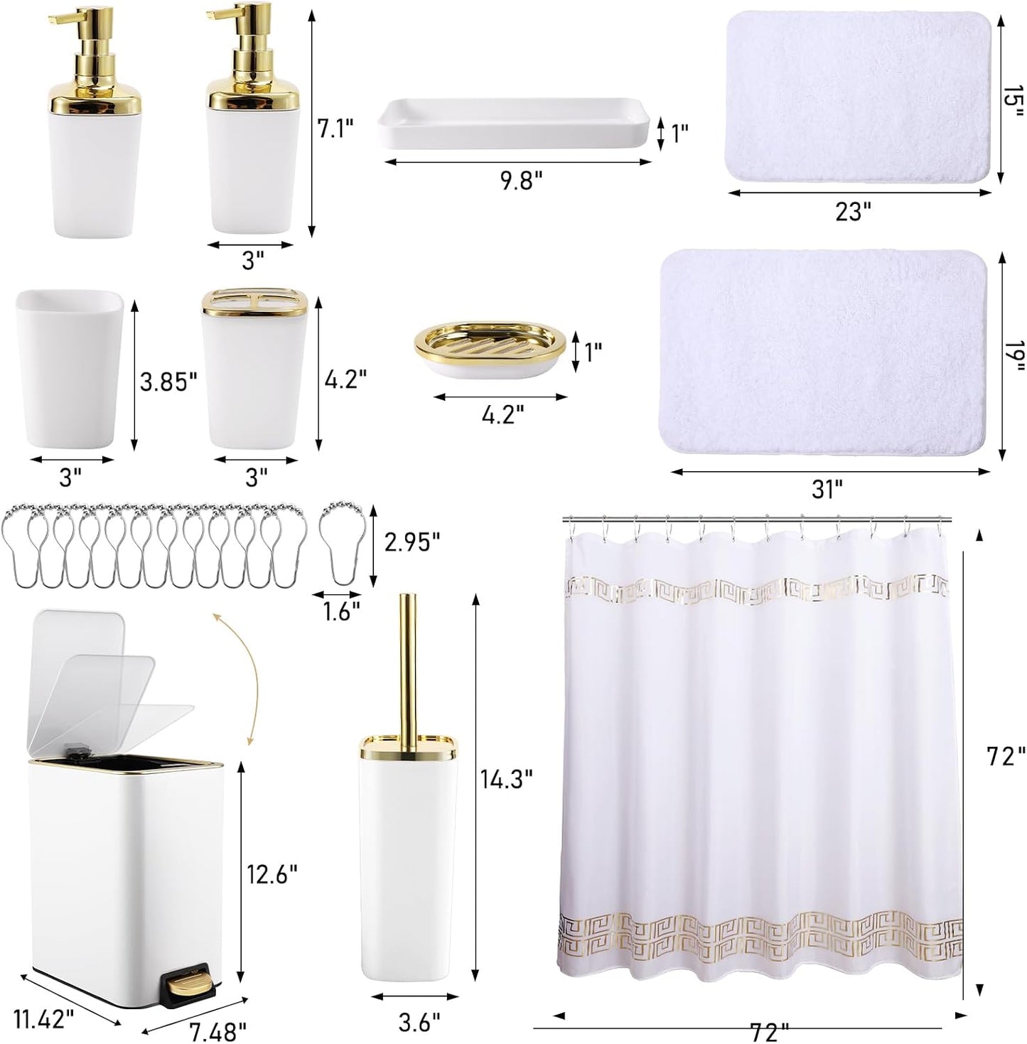 XLHOMO 11PCS Bathroom Sets with Shower Curtain and Rugs Bathroom Accessories Set White Bathroom Set,Soap Dispenser &
