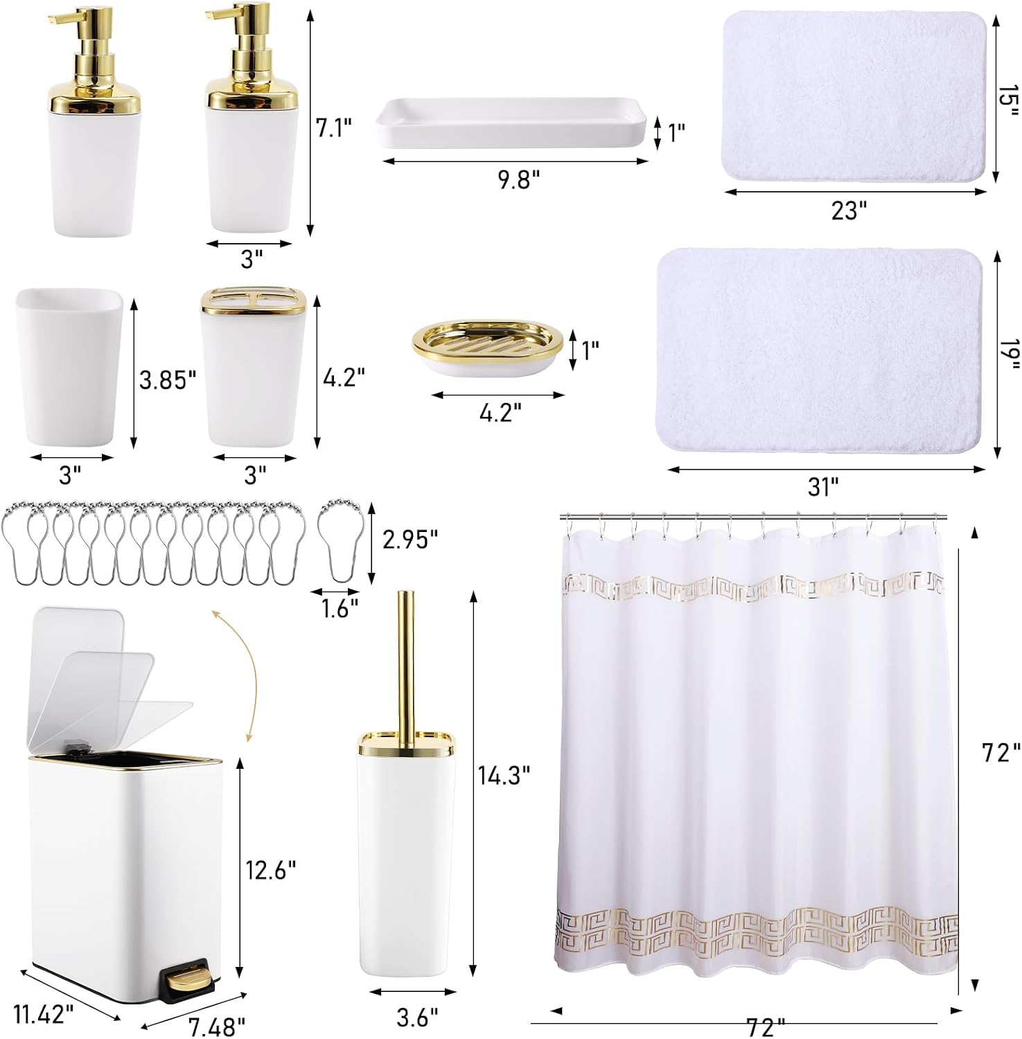 XLHOMO 11PCS Bathroom Sets with Shower Curtain and Rugs Bathroom Accessories Set White Bathroom Set,Soap Dispenser &