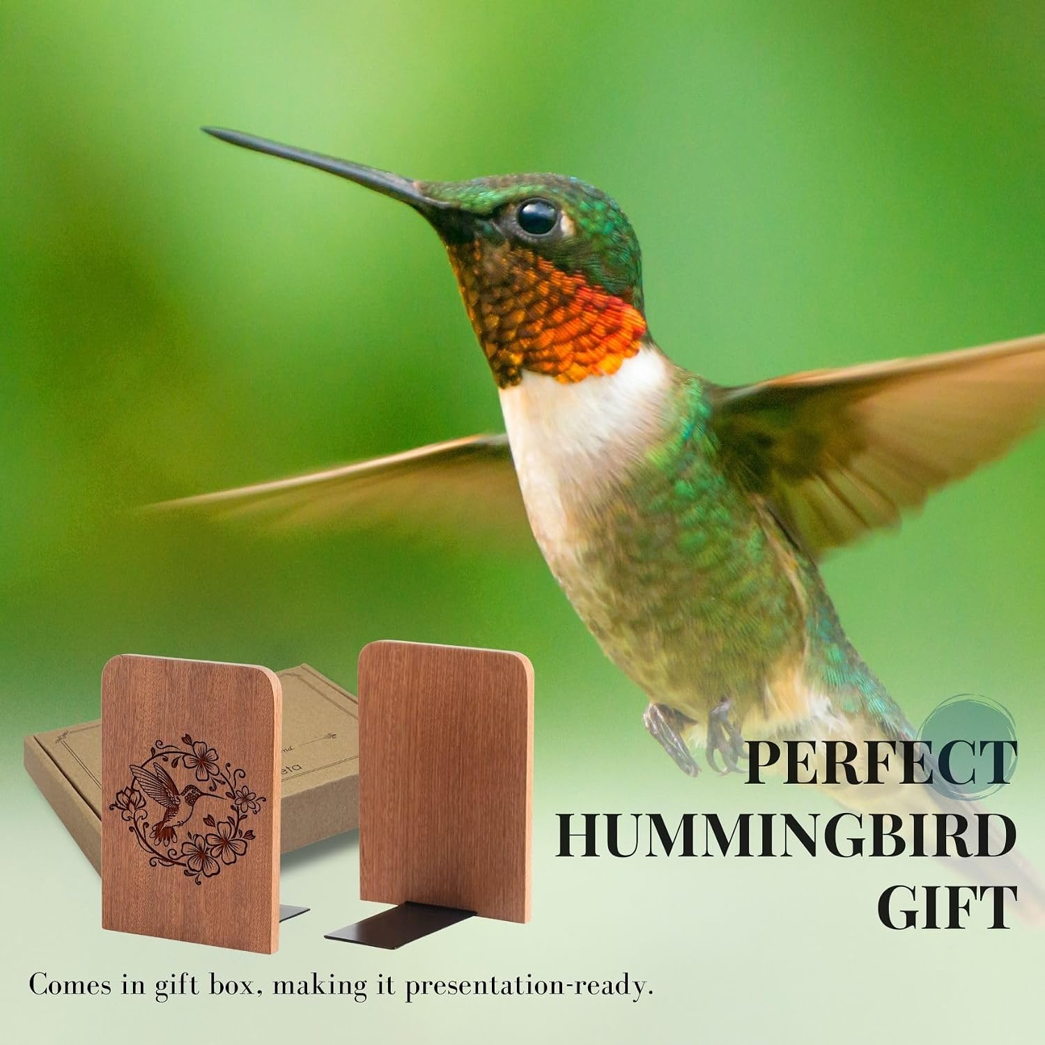 Hummingbird Wood Bookends / Heavy Duty Iron & Ebony Wood Book Ends