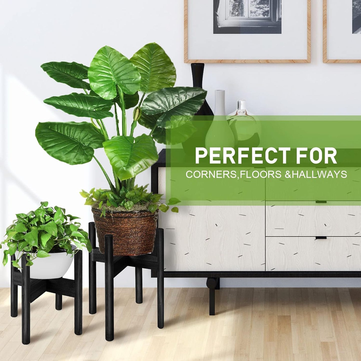 2 Pack Bamboo Plant Stands, Adjustable Plant Stand Indoor | Mid Century Modern Plant Stand, Plant Holder for Living