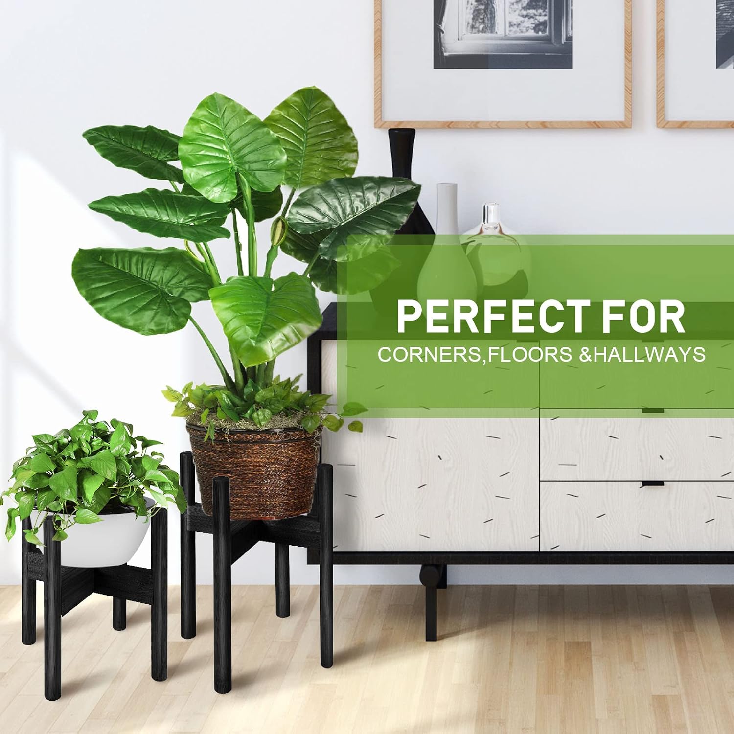 2 Pack Bamboo Plant Stands, Adjustable Plant Stand Indoor | Mid Century Modern Plant Stand, Plant Holder for Living