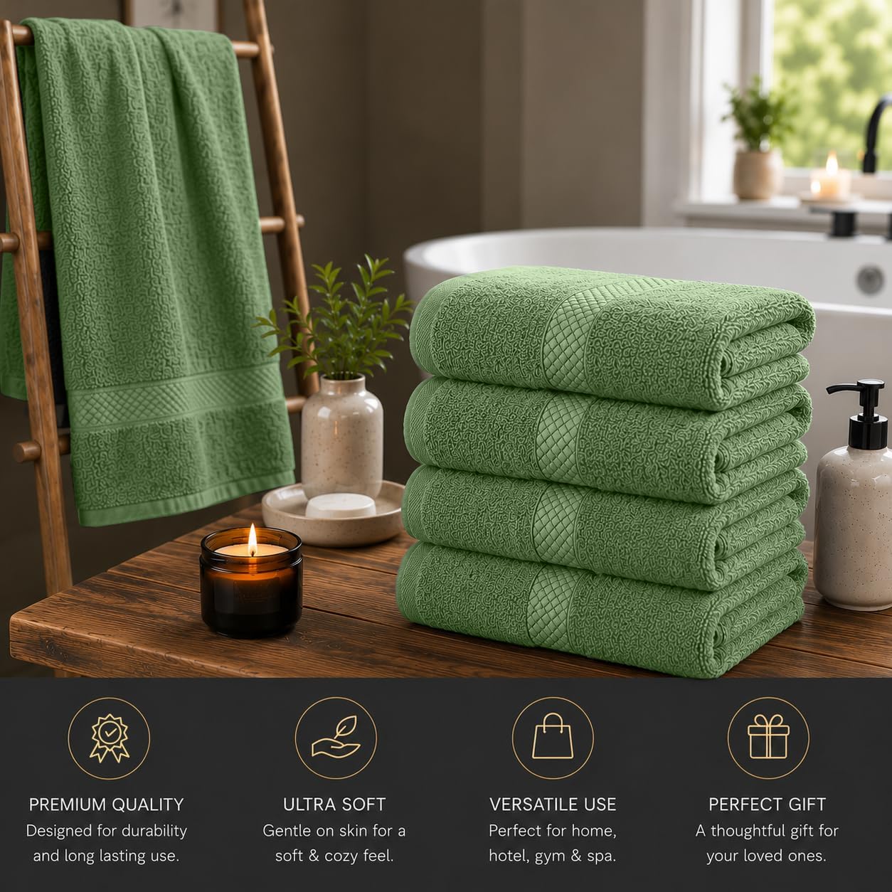 DAN RIVER 600 GSM Cotton Large Bath Towels Set of 4, 27 x 54 Inches, Green | Larger & Lighter Weight Towels for