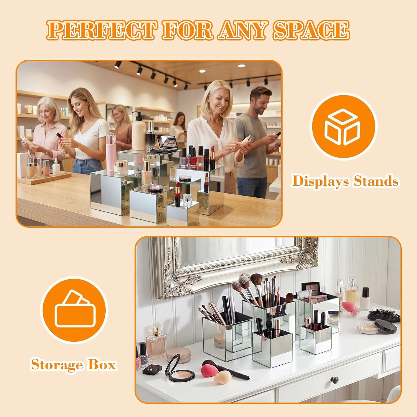 Hollow Bottom Acrylic Cube Stand Boxes for Display / Silver Mirror / 3, 4, 5, 6, 6.5 Inch / Set of 5