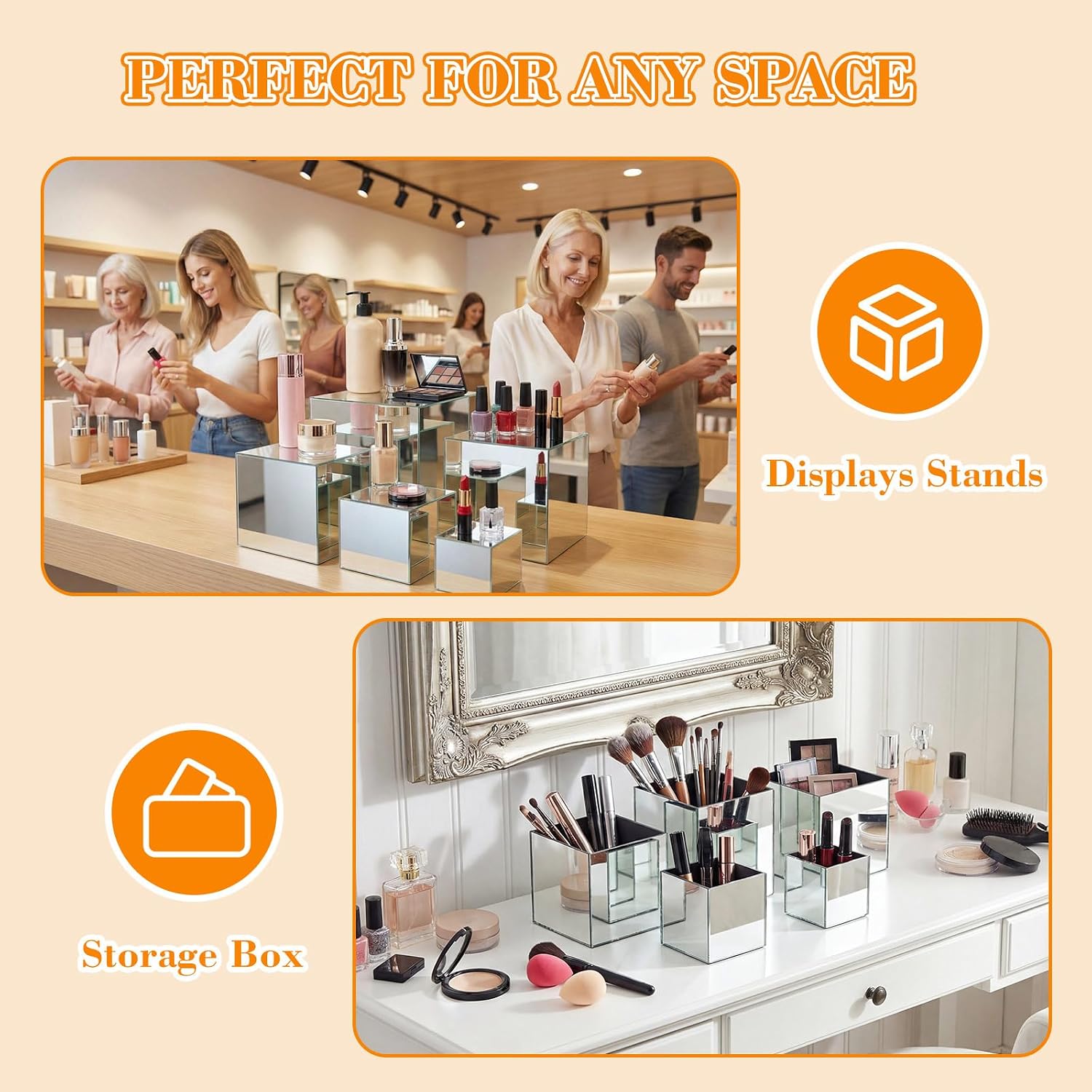 Hollow Bottom Acrylic Cube Stand Boxes for Display / Silver Mirror / 3, 4, 5, 6, 6.5 Inch / Set of 5