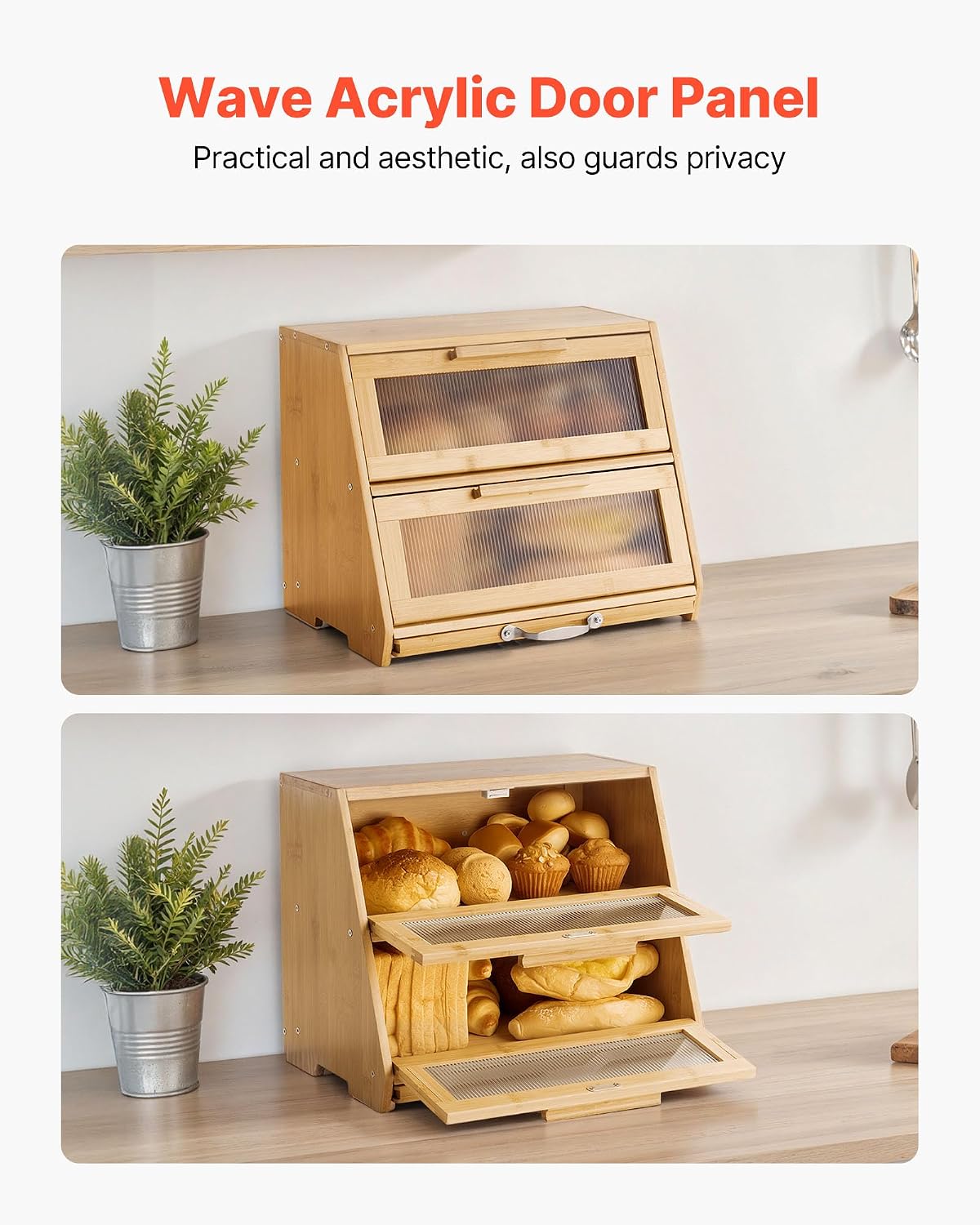VEVOR Double Layer Bread Box for Kitchen Counter, Large Capacity Bamboo Bread Storage Container, Farmhouse Wooden