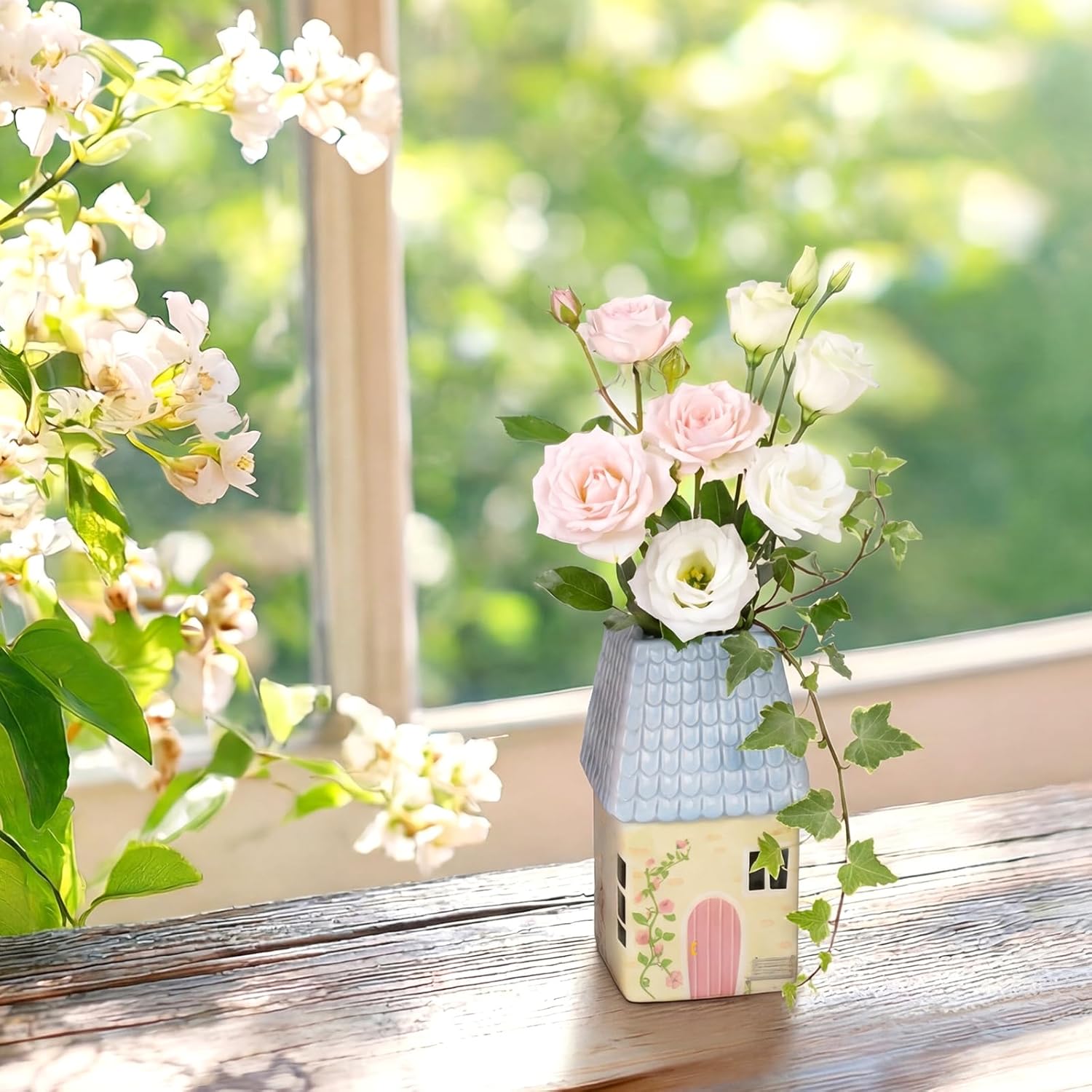 Ceramic House Shape Vase Mini Handmade Vase Decorative Small Flower Container / Blue / 2.4 x 3.8