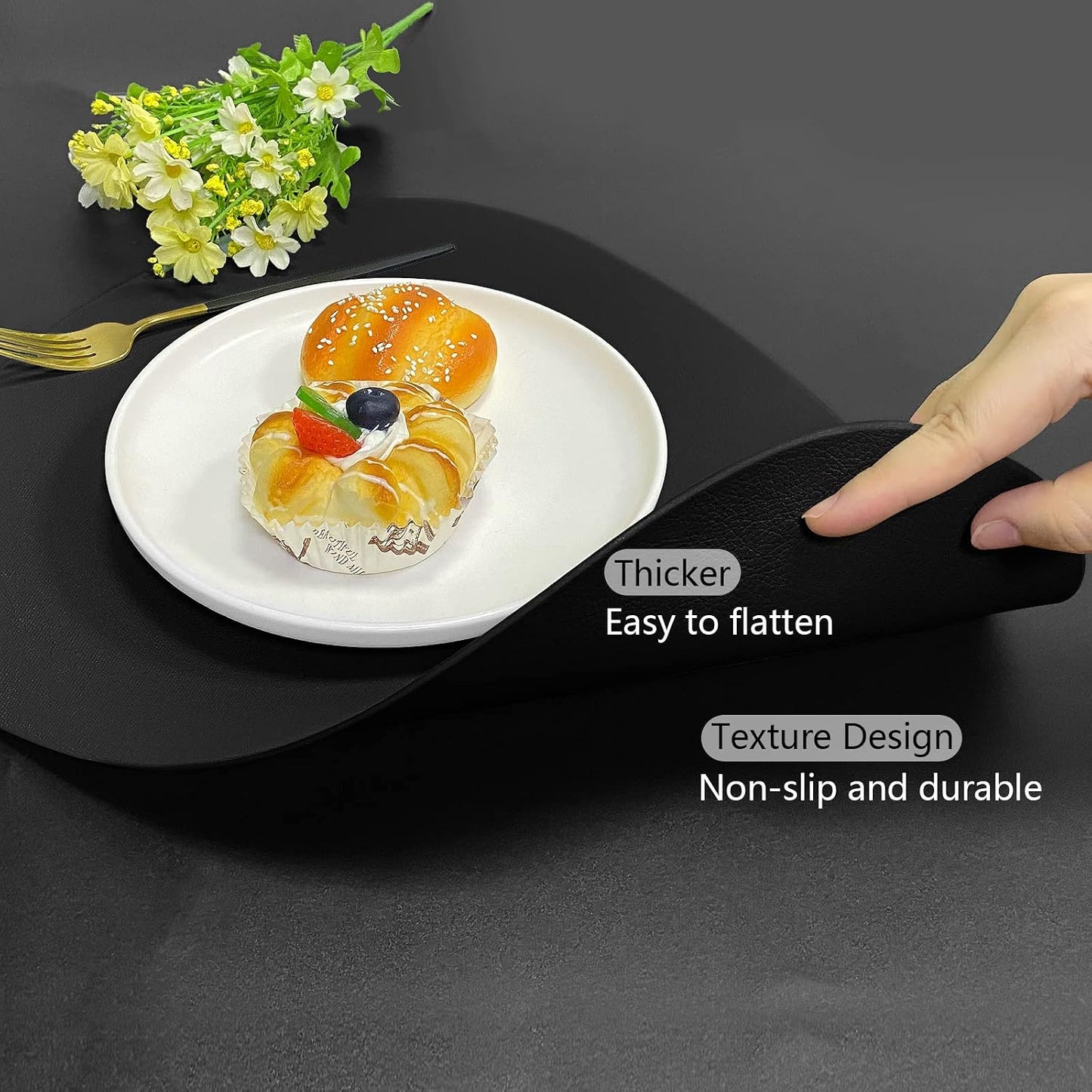 Herda Black Placemats Set of 6 for Dining Table Mats, Faux Leather Place Mats Wipeable Washable Placemats for Round
