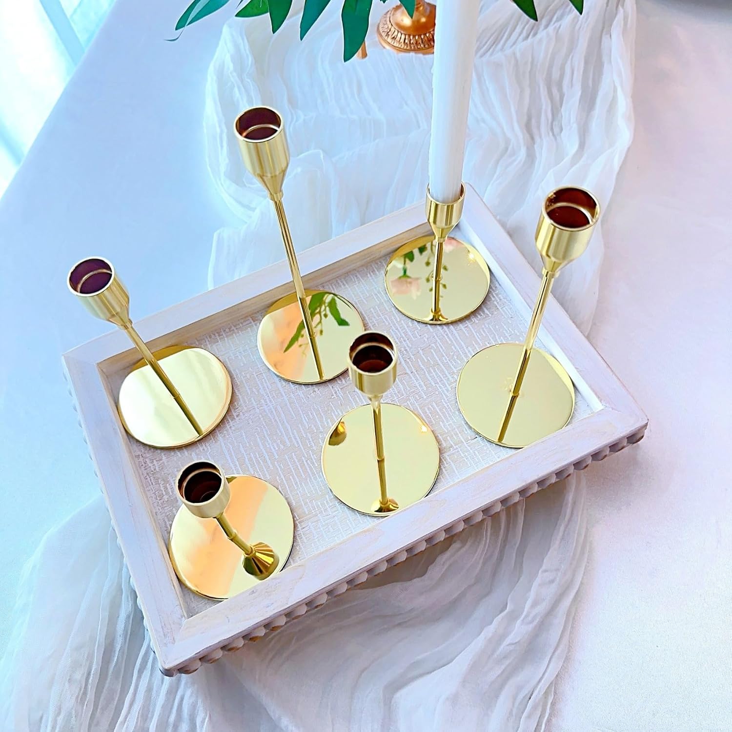 Gold Candlestick Holders, Metal Taper Candle Holders, Set of 6 | Elegant gold candle stands, 3 heights, for wedding