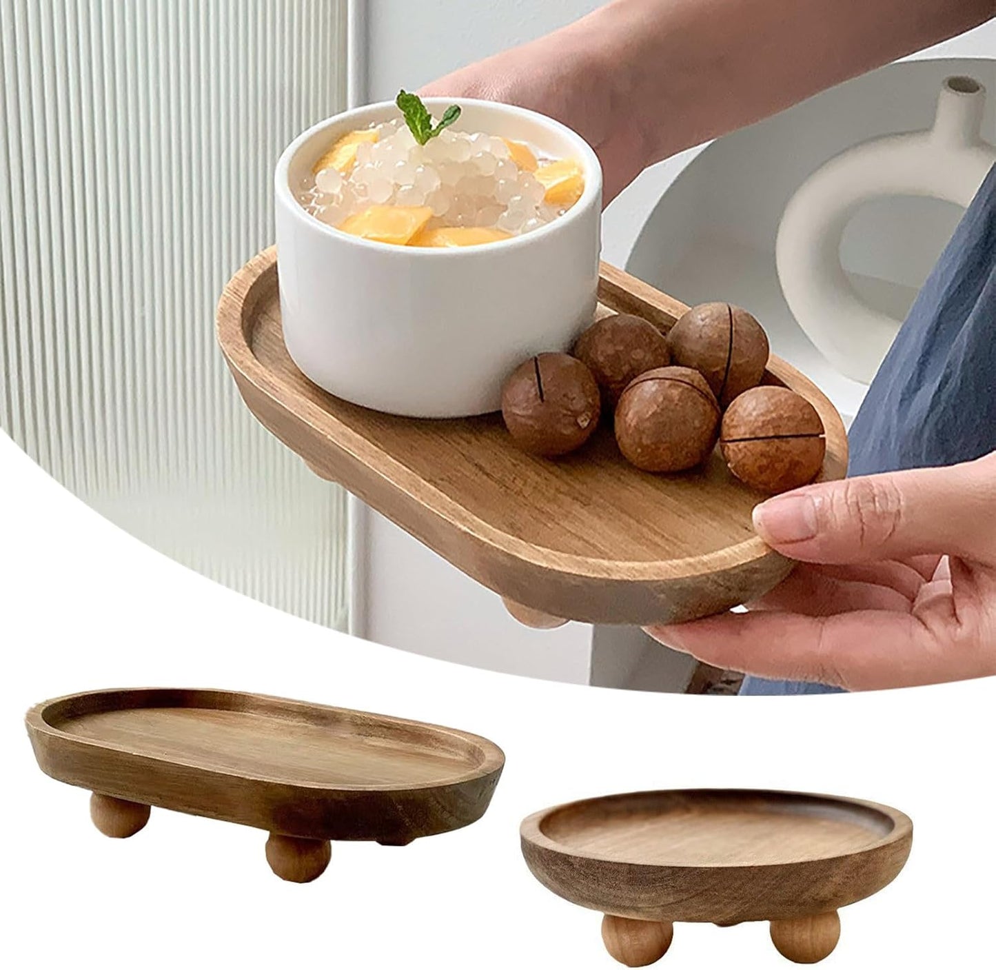 Wood Tray / Small Wooden Pedestal Stand Decor Tray / Round / Natural
