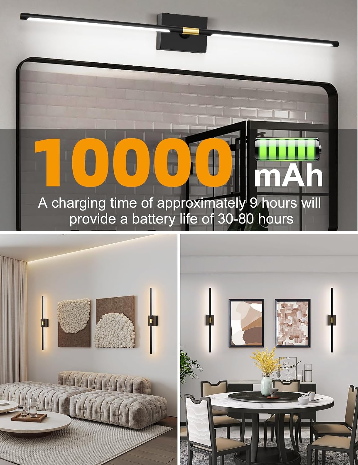 Battery Operated Wall Sconces Set of 2, Wireless Rechargeable Wall Lights | 10000mAh, Remote Control, 4CCT Dimmable