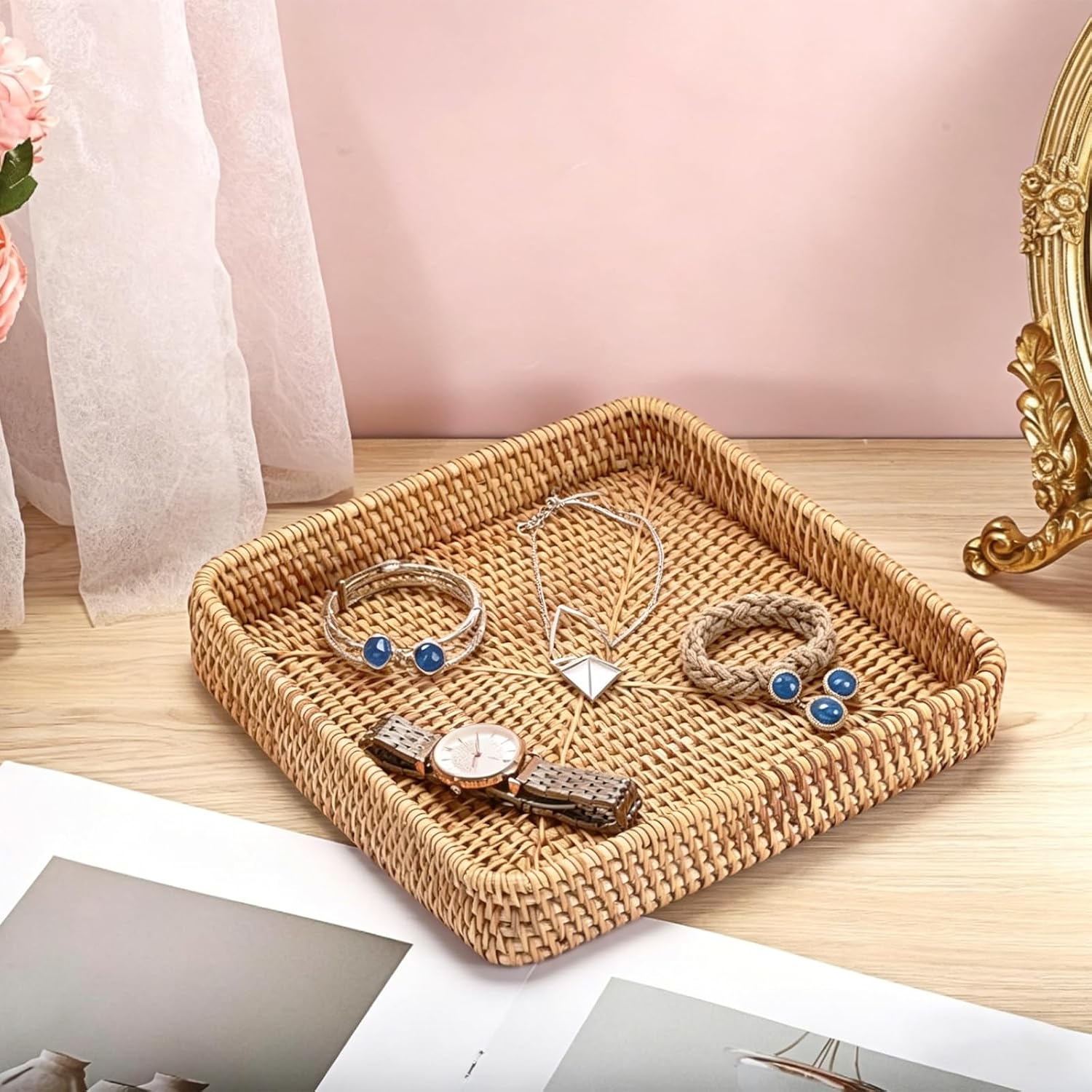 Square Rattan Tray Set 8" Vietnam Rattan Decorative Tray Entryway Key Basket Hard Wicker / Set of 2