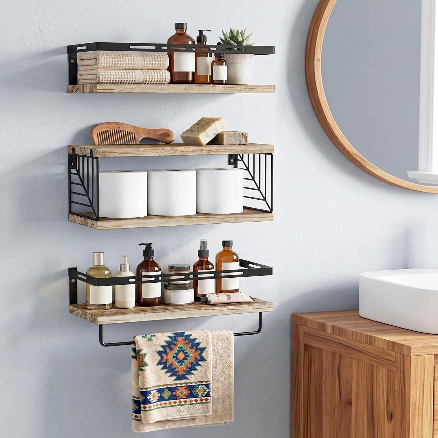 Fixwal Wall Mounted Bathroom Shelves Over Toilet (3+1 Gray) | Wall Shelf with Basket Storage , Towel Bar, Solid Wood
